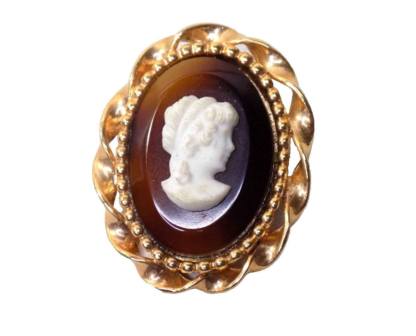 Vintage Emmons Cameo Brooch Gold-tone Brown White Victorian Lady 1-3/8″ Long