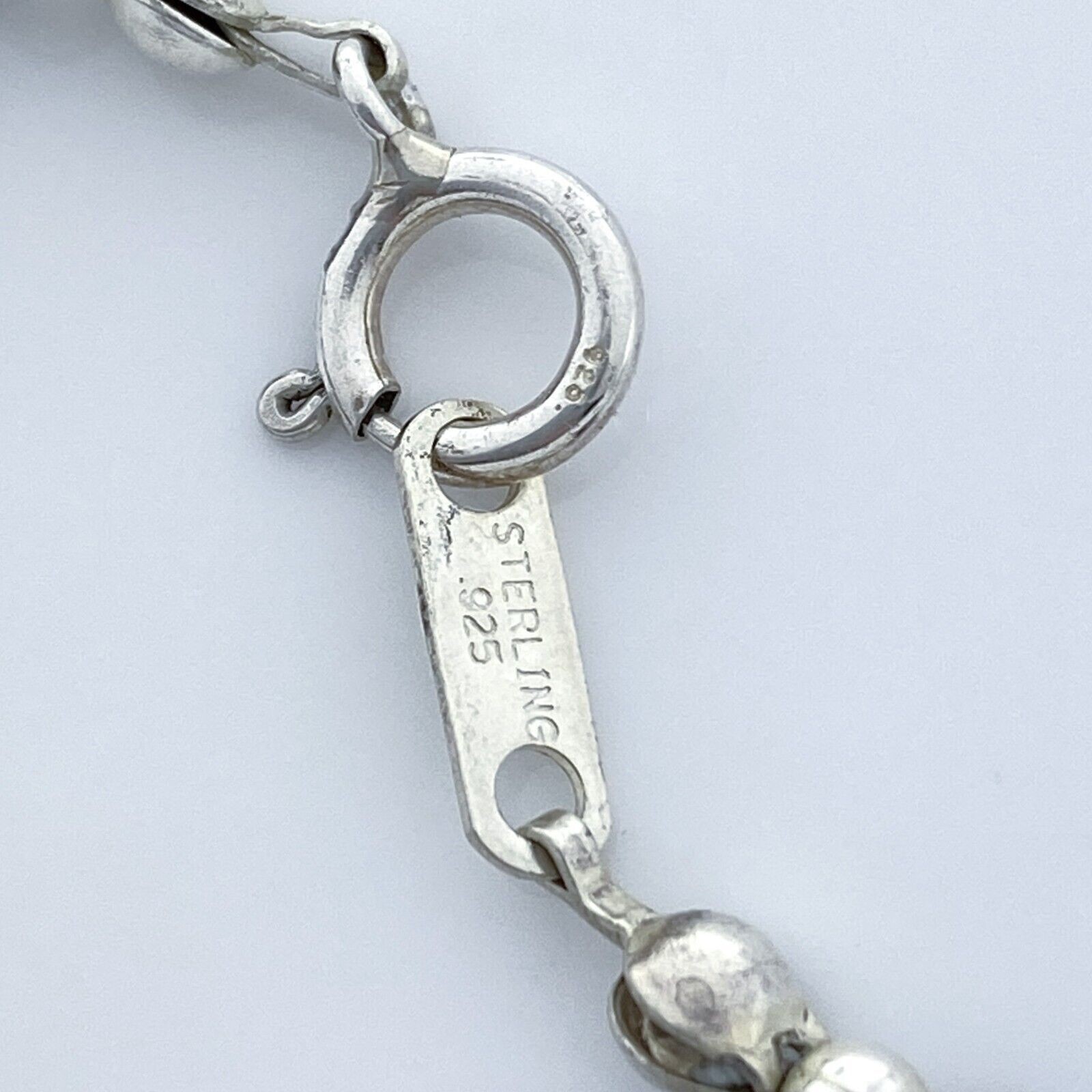 Vintage Sterling Silver 925 Green Simulated Tiger’s Eye Station Necklace 16″
