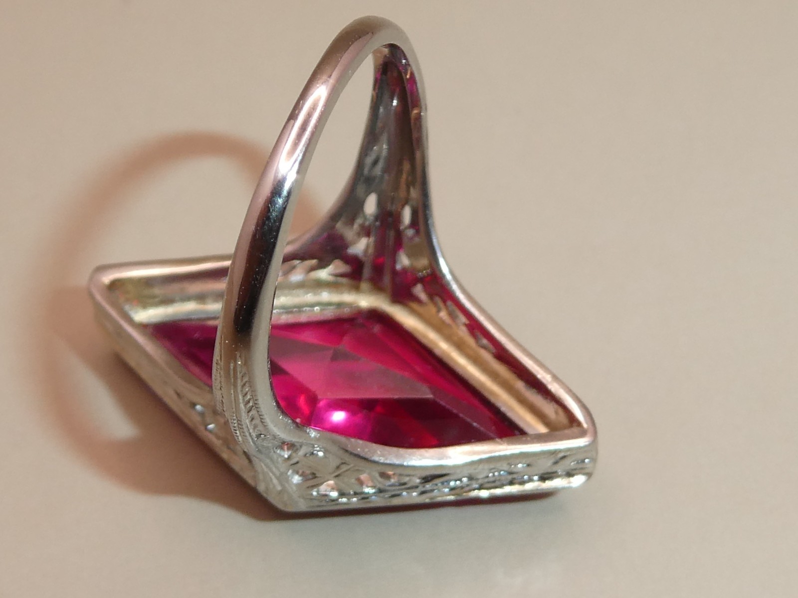 Antique Lozenge Shape of Period Syn. Ruby 18k Filigree Ring Size 5.5. 5.8g L59