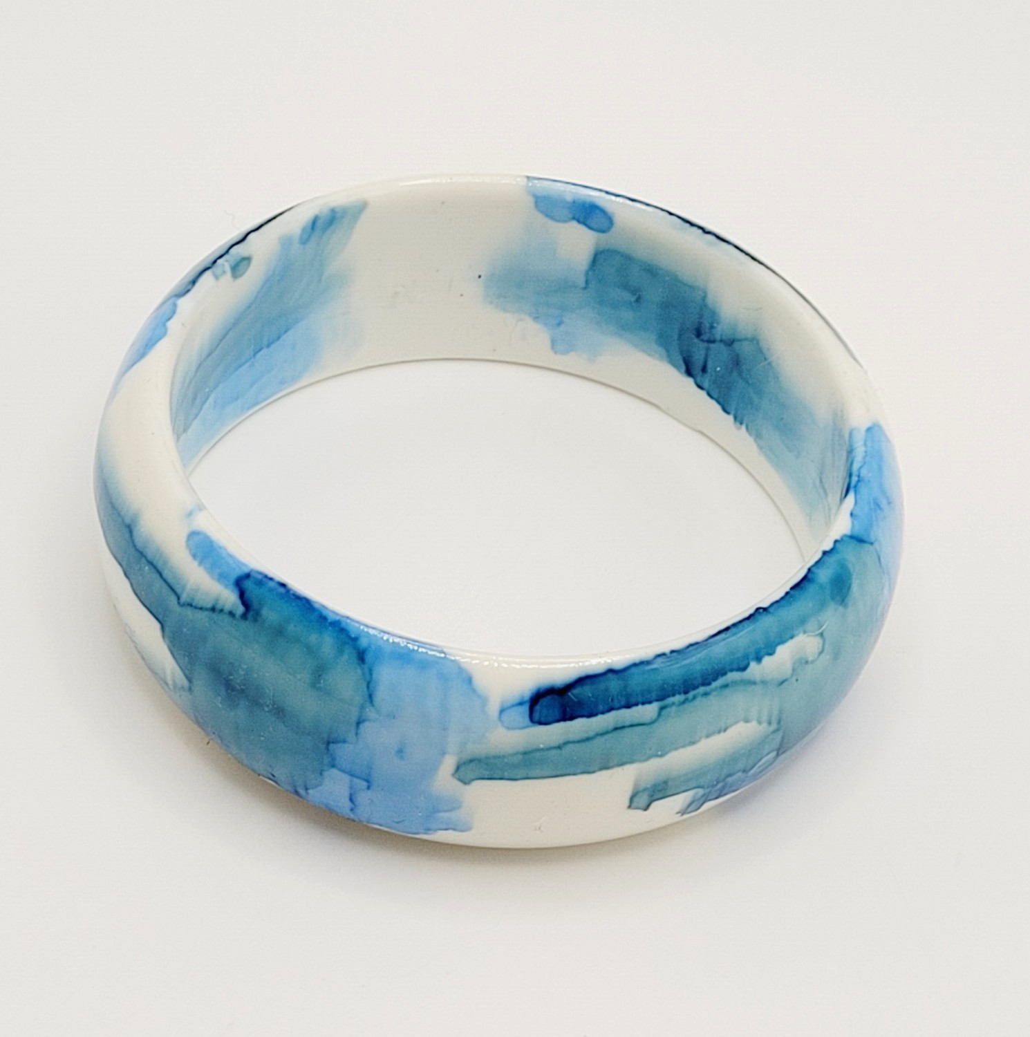 Marbled Watercolor Ink Blot Design Blue White Acrylic Chunky Bangle Bracelet