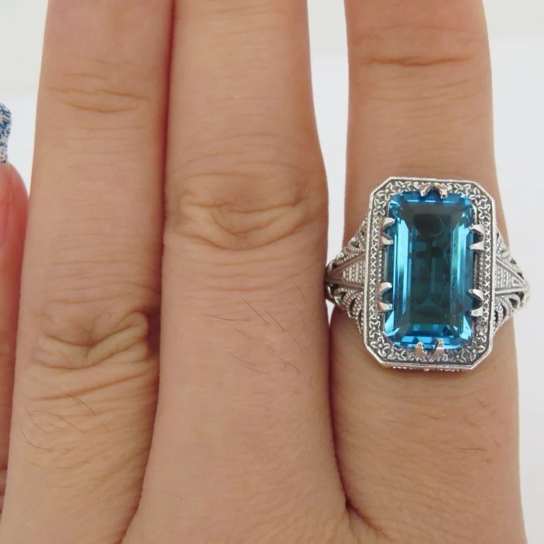 Art Deco Aquamarine Ring Vintage Filigree Aqua Emerald Cut Statement Jewelry
