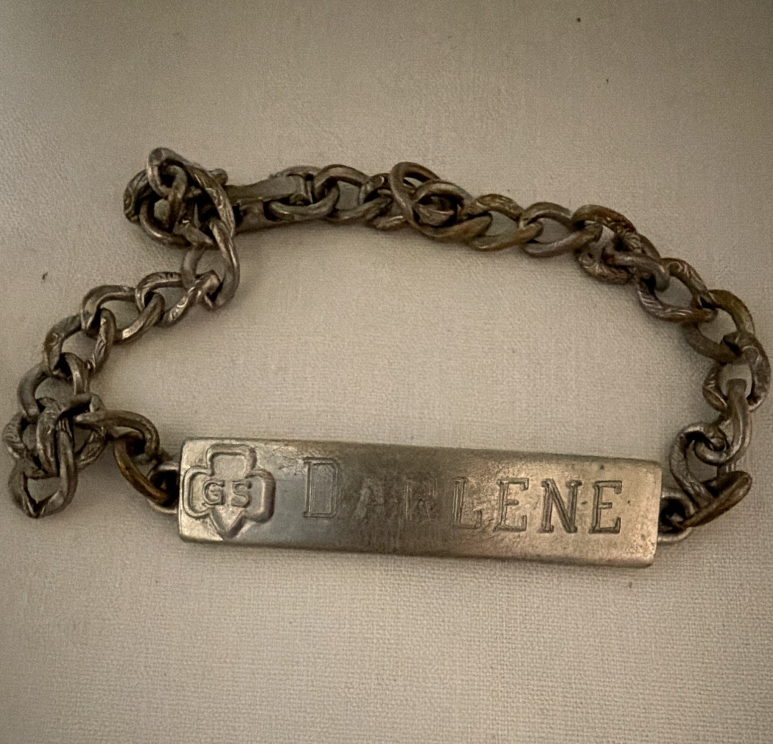 Vintage Girl Scouts Darlene Nameplate Bracelet Gold Tone GS Trefoil