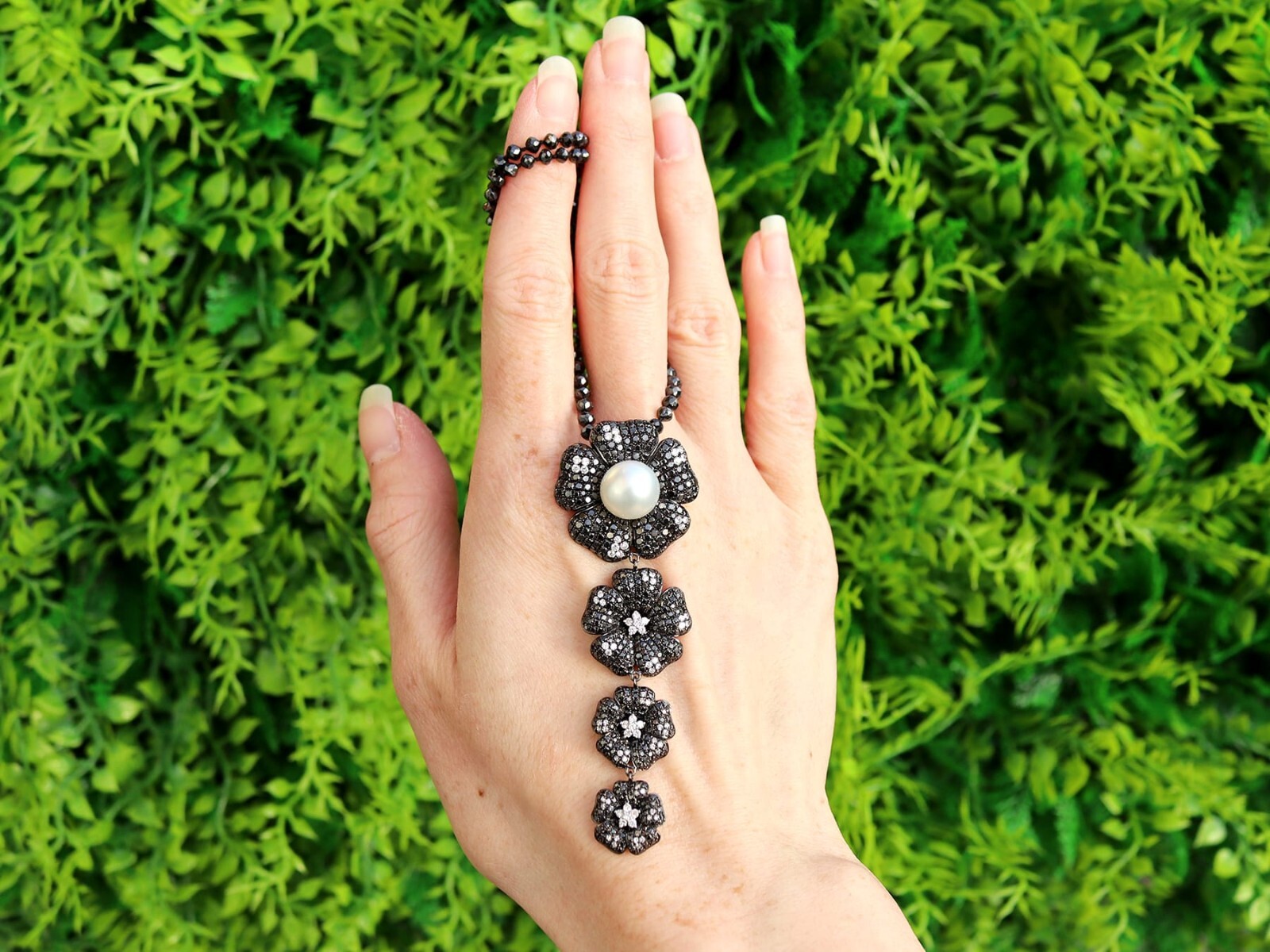 Cultured Pearl, Black Diamond, White Diamond, 18k Oxidised White Gold Pendant