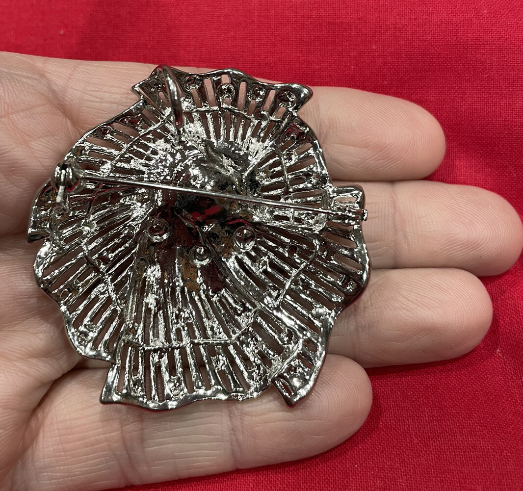 Vintage Silver Tone Poppy Flower w Ab Rhinestones Faux Pearl Brooch Pin Pendant