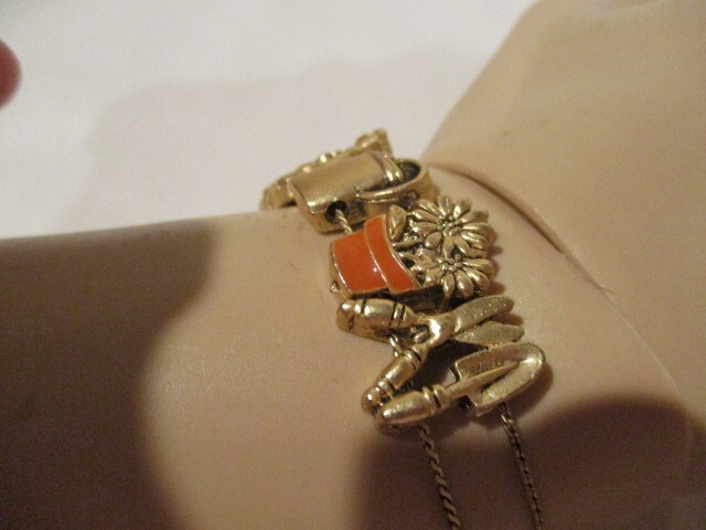 Vintage Brass & Enamel Gardening Slide Bracelet 7 1/4″ L x 3/4″ W