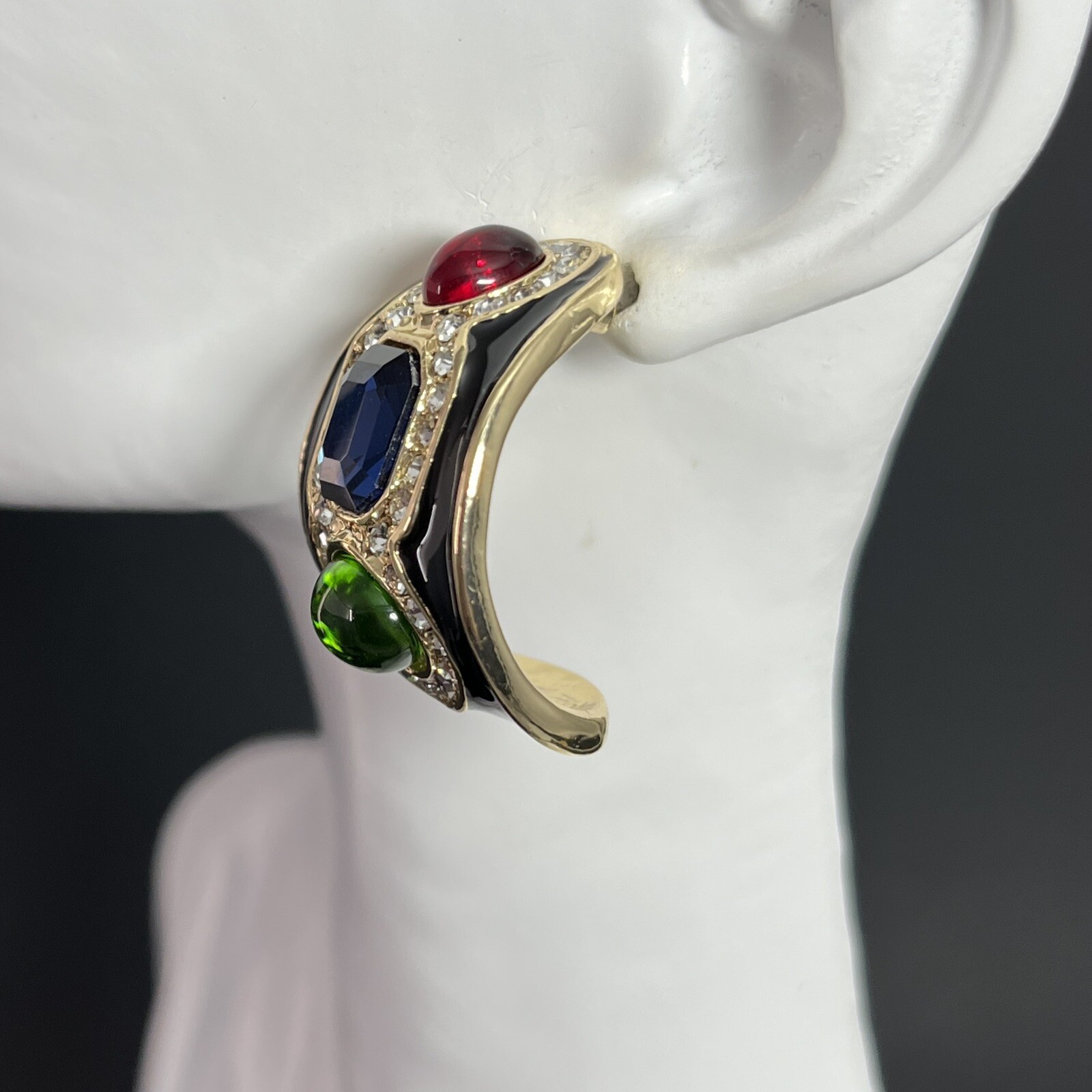 Gripoix Glass Cabochon Earrings Gold Tone Multicolor Half Hoop Huggie Pierced