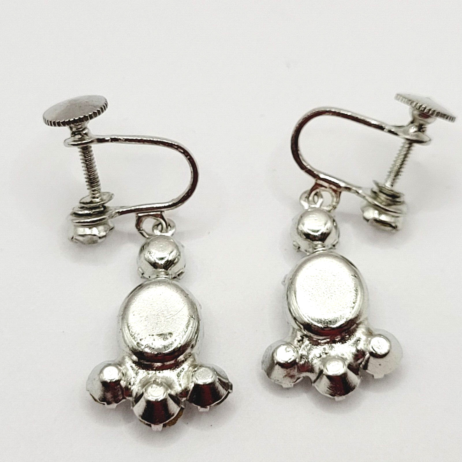 Crystal Rhinestone Cluster Silver Tone Drop Dangle Screw Back Vintage Earrings