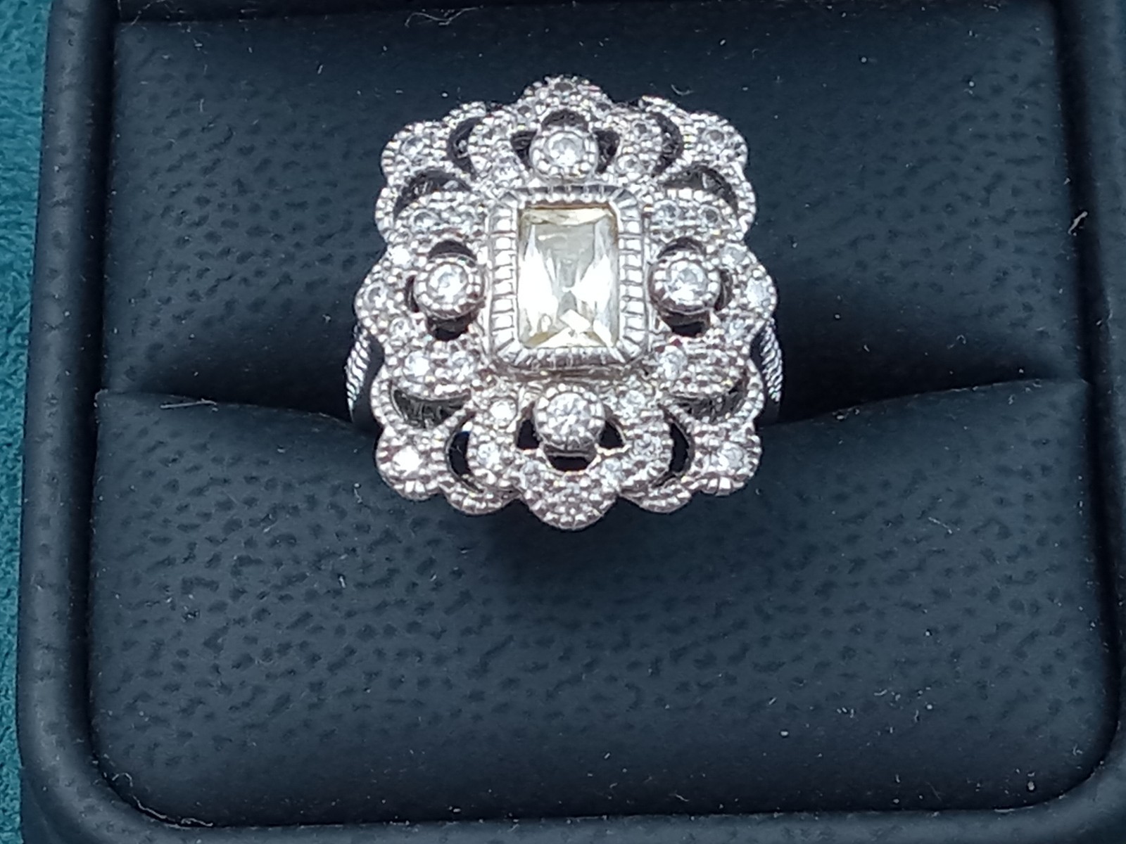 Fancy Sterling Silver Ring w. Intricate Setting Citrine & Cubic Zirconia: Size 7