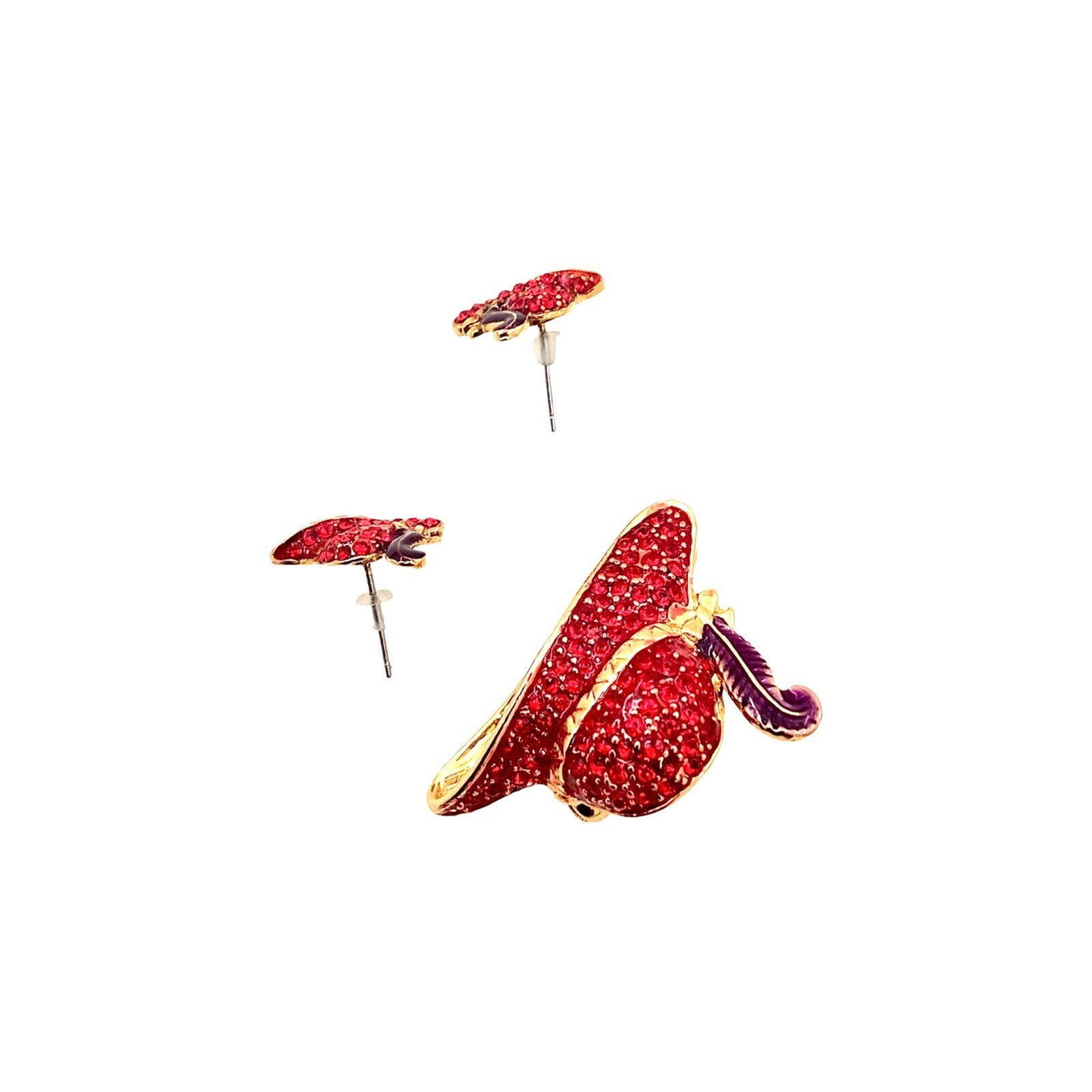 Vintage Red Hat Society Jewelry Set Brooch Earrings Pave Rhinestones Enamel 80s