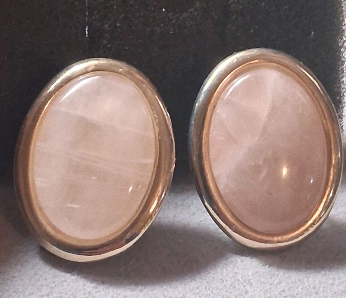 Rose quartz oval cabochon gold plated vintage earrings
