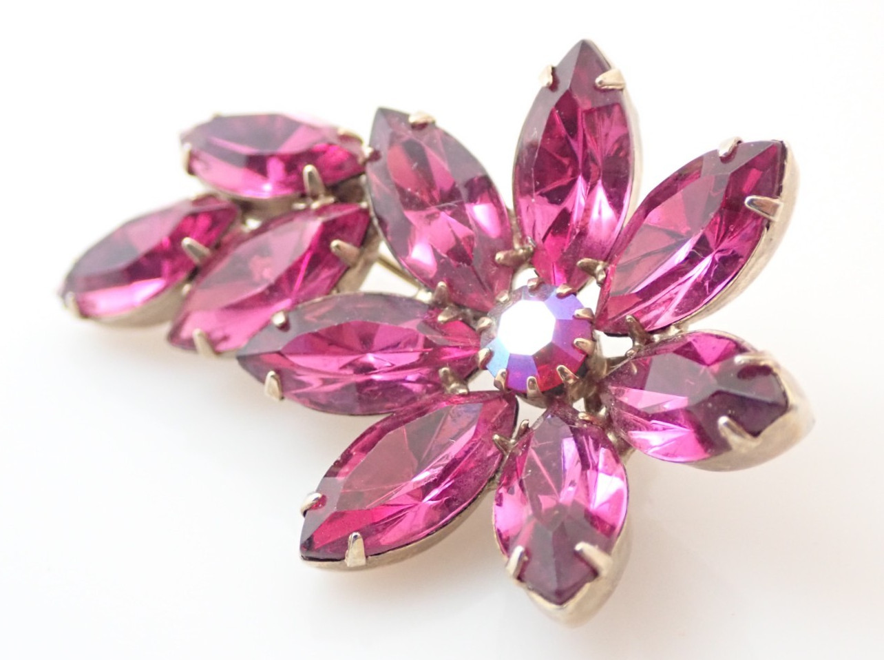 Vintage Pink Rhinestone Blooming Flower Cluster Prong Set Brooch Pin