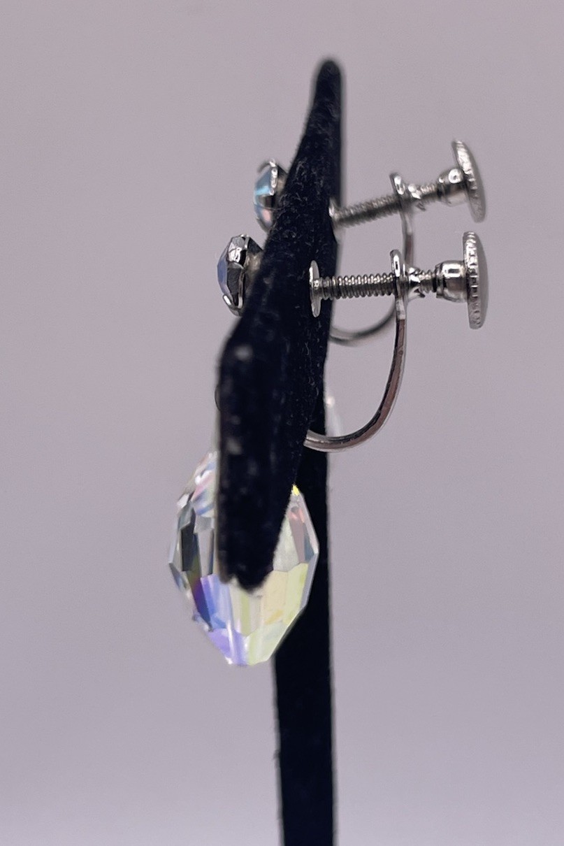 Vintage AB Aurora Borealis Faceted Crystal Drop Dangle Screw Back Earrings