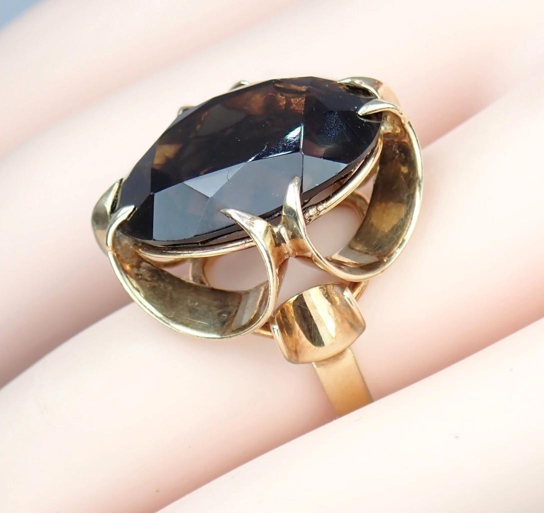 Super Vintage 1970s Solid 9K Rose Gold 14.4Ct Smokey Quartz Cocktail Ring 1971 5