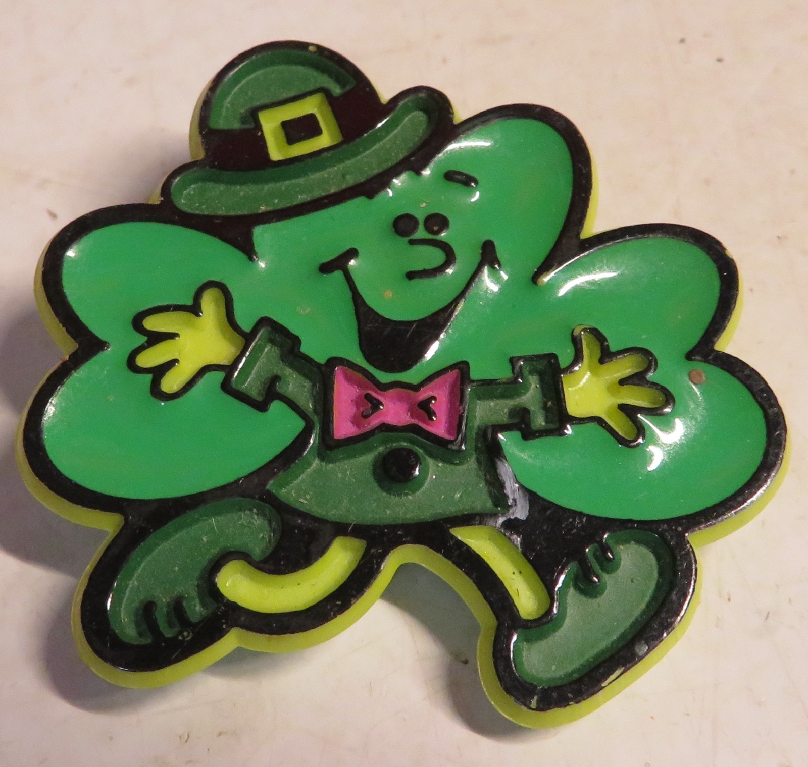 Hallmark Cards Leprechaun Plastic St. Patrick’s Shamrock Clover Brooch Pin 1981