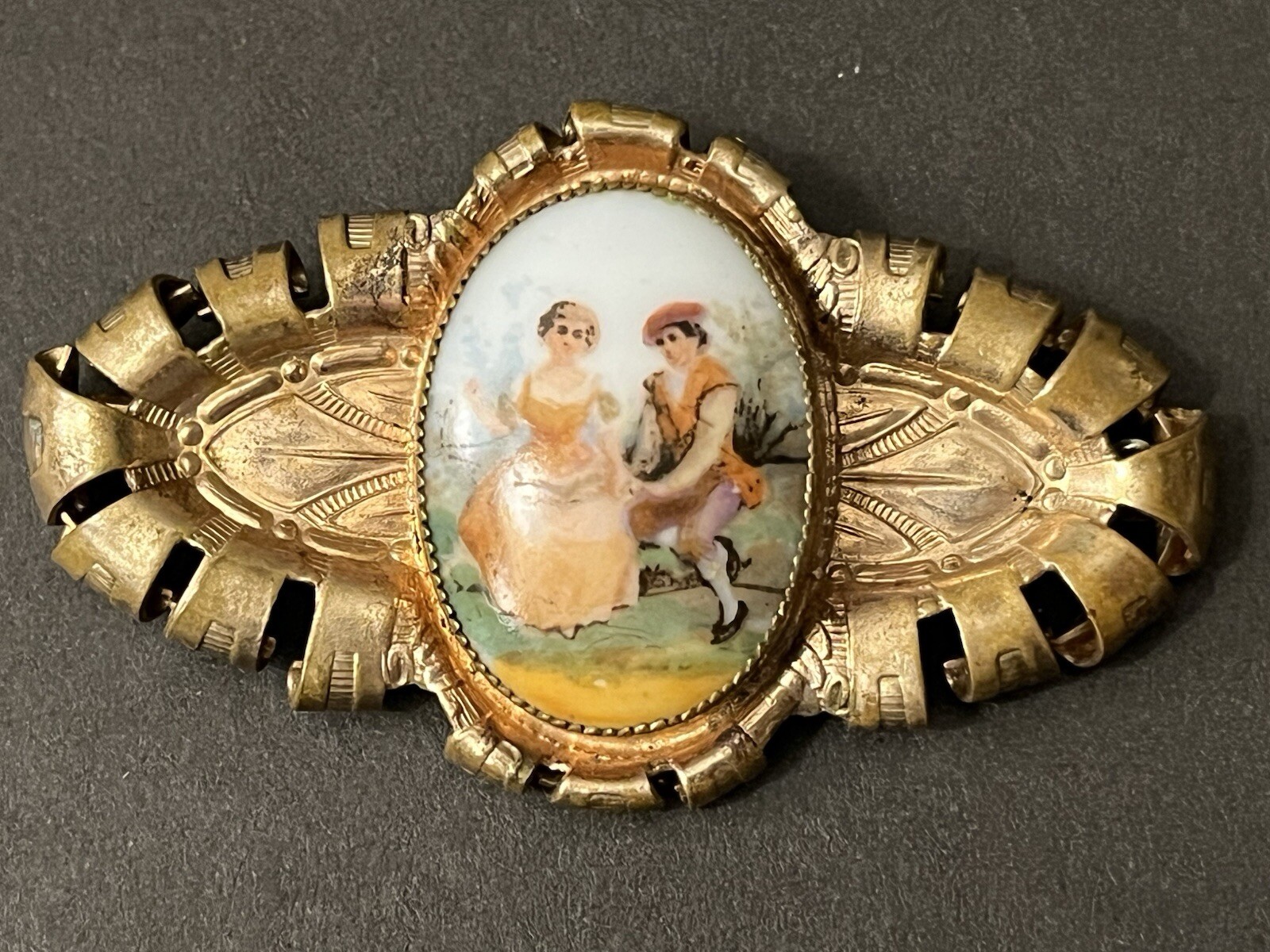Vintage Austrian Porcelain Courting Couple Brooch Pat 206595 Gold Tone