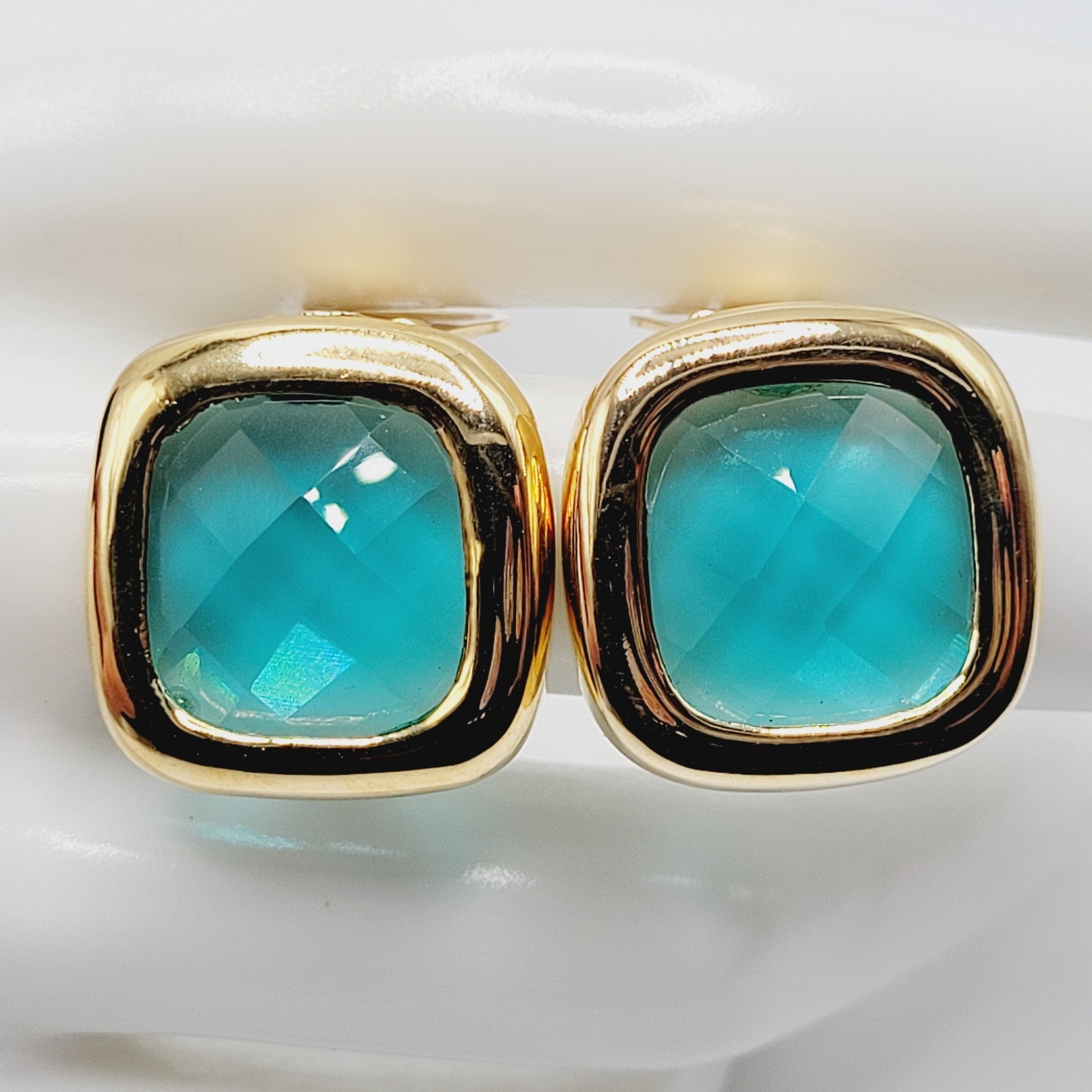 Aqua Light Blue Green Faceted Glass Soft Square Gold Tone Bezel Clip On Earrings