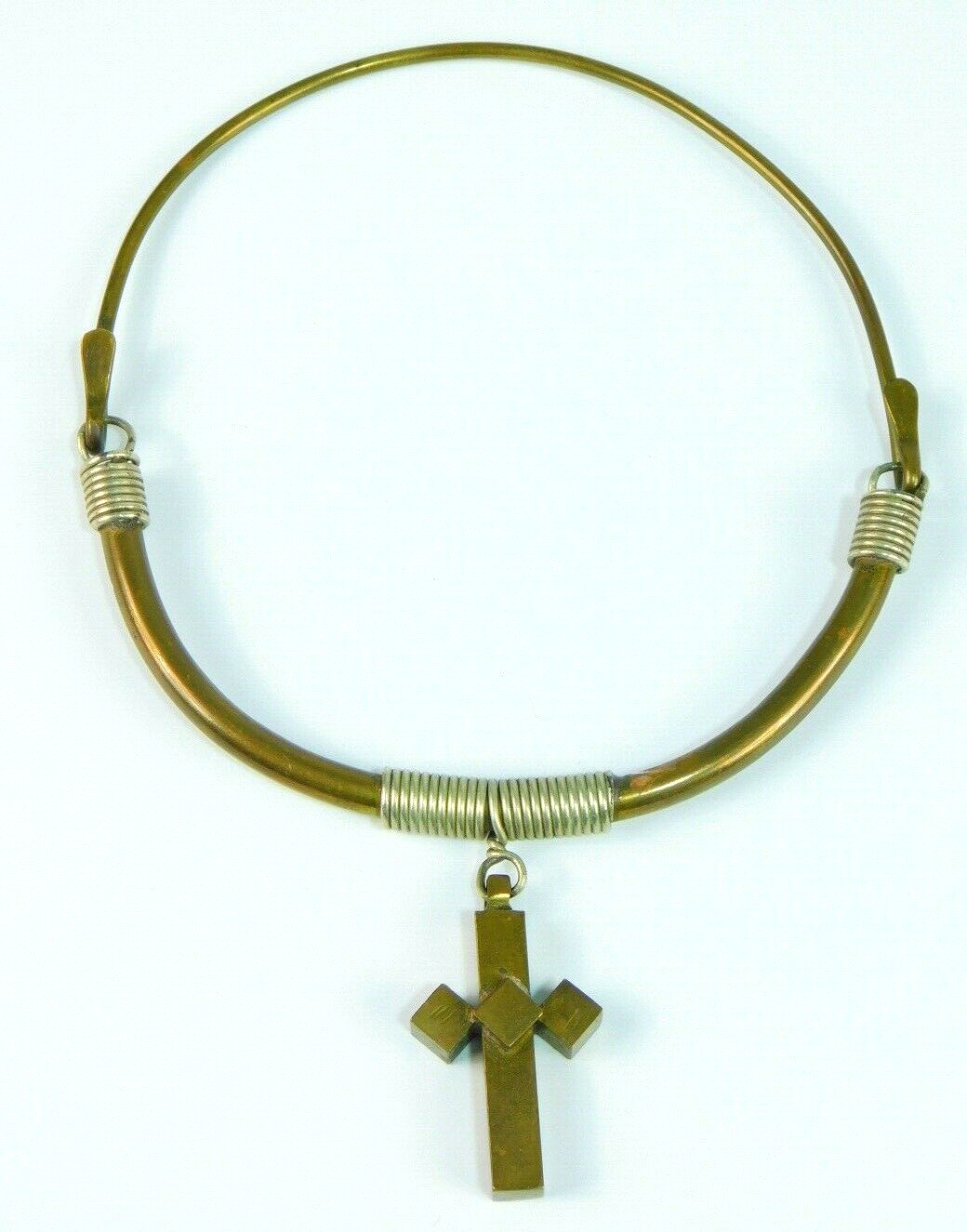 Brutalist Brass & Silver Wire Wrapped Cross Collar Choker Necklace 16″