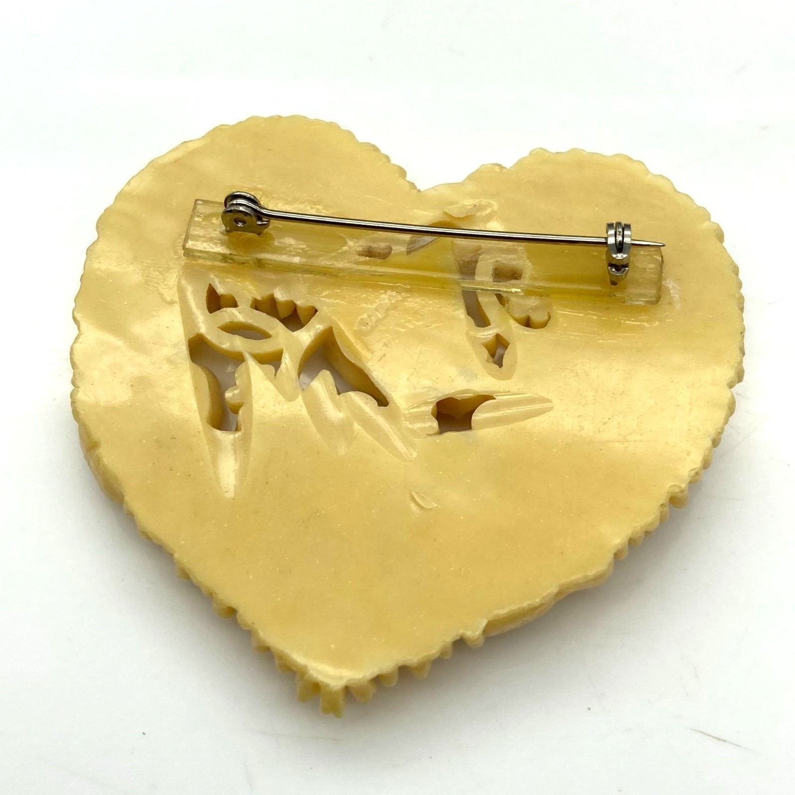 Vintage Carved Celluloid Brooch, Cream Colored Hearts and Flowers, Romantic Gift