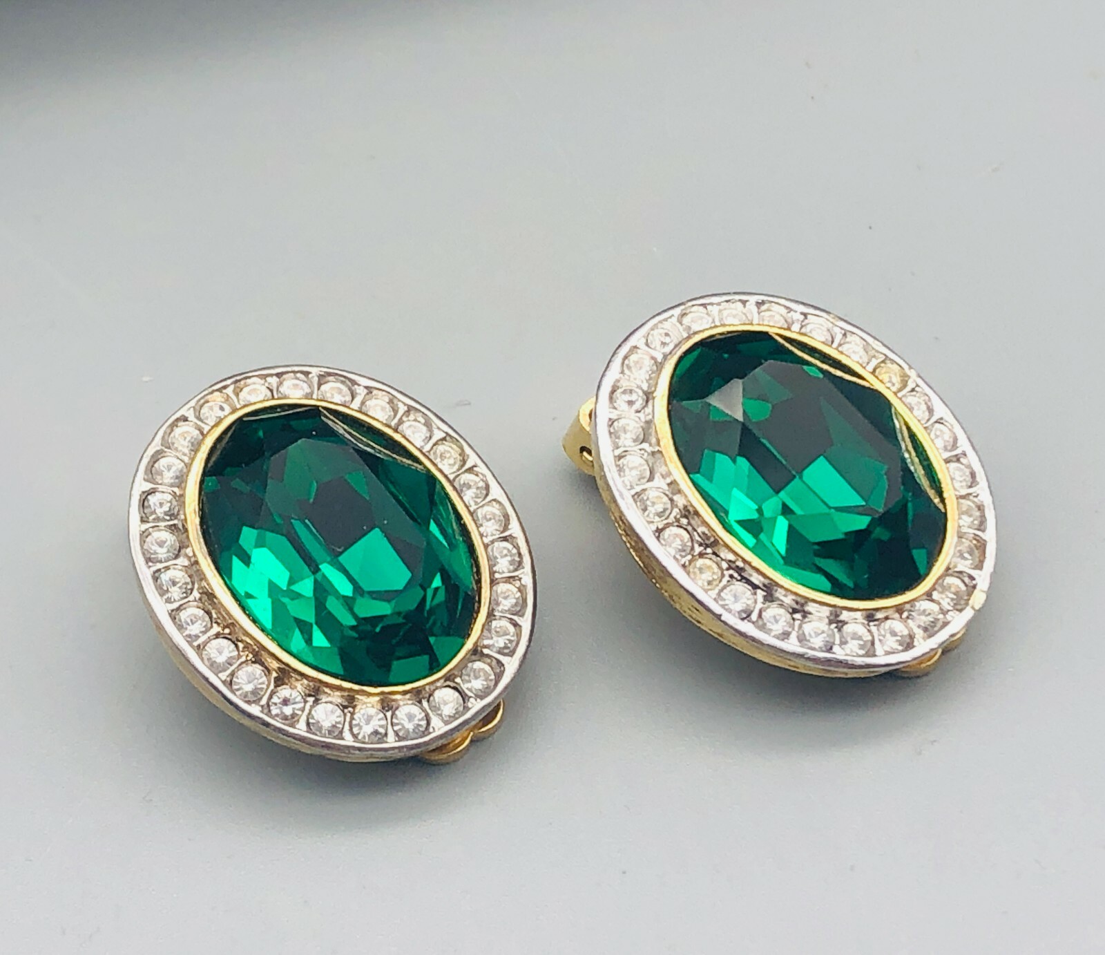 Vintage Real Look Large Emerald Green & Rhinestones Oval Chunky Earrings