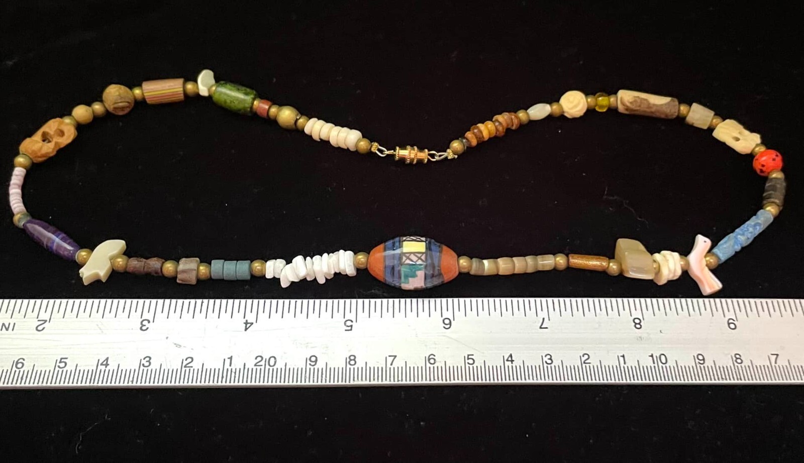 VTG Carved Birds Animals Tribal Ethnic Fetish Necklace Wood Ceramic Shell Boho