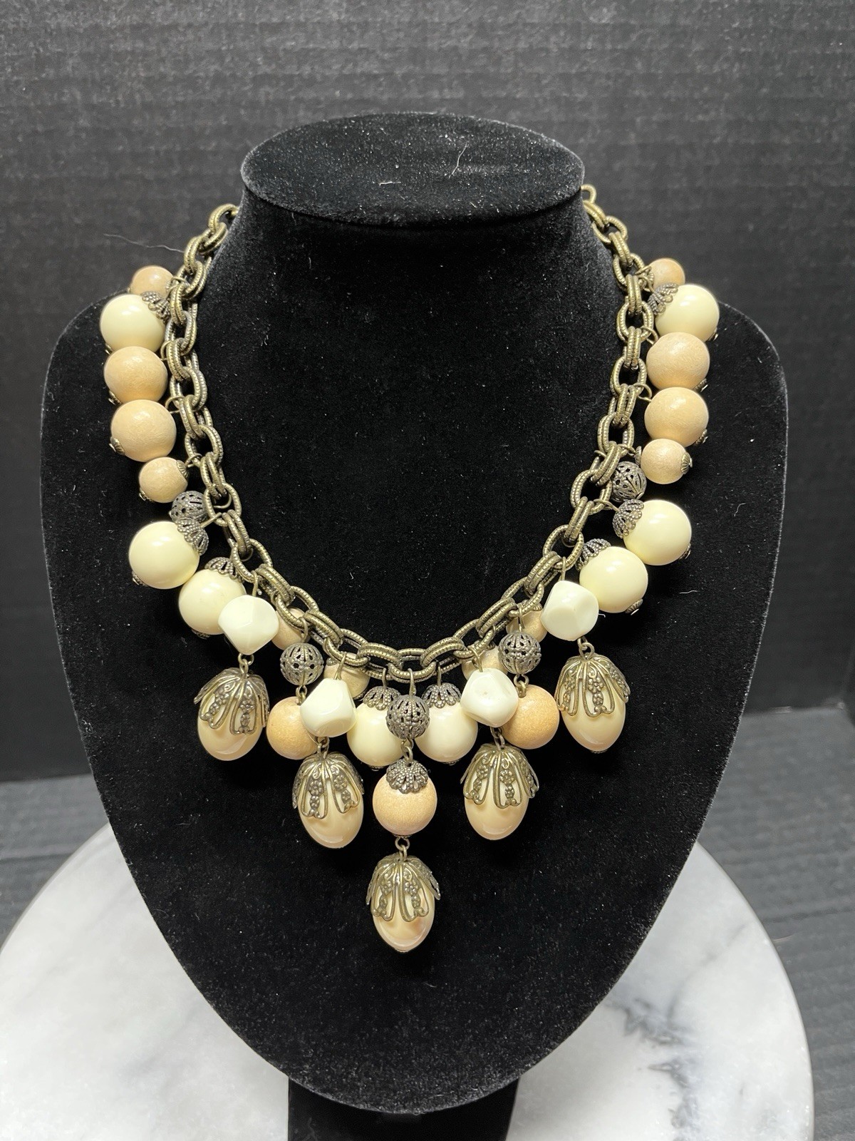Vtg Bronze Tone Vanilla Beaded 19″ Statement Necklace by Gerard Yosca Boho Lux