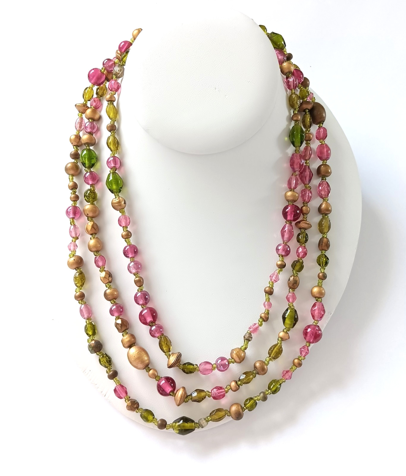 Gold Tone Pink and Green Beaded Necklace. Very Nice
