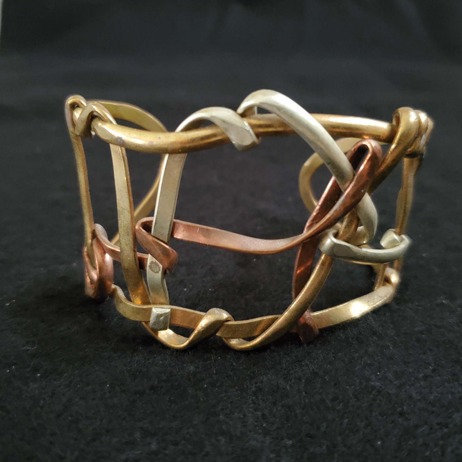 Vintage Artisan Cuff Bracelet Brutalist Mixed Metals Gold Tone Weave 1.75″