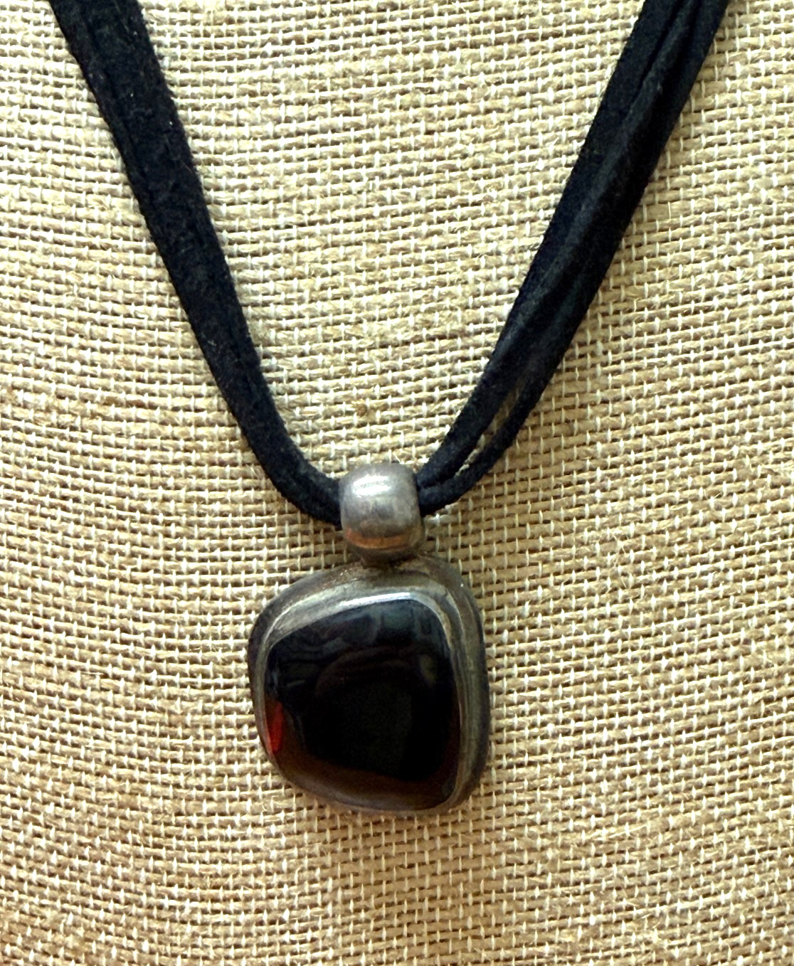 Vtg ATI Mexico .925 Sterling Mahogany Black Obsidian Pendant Suede Necklace