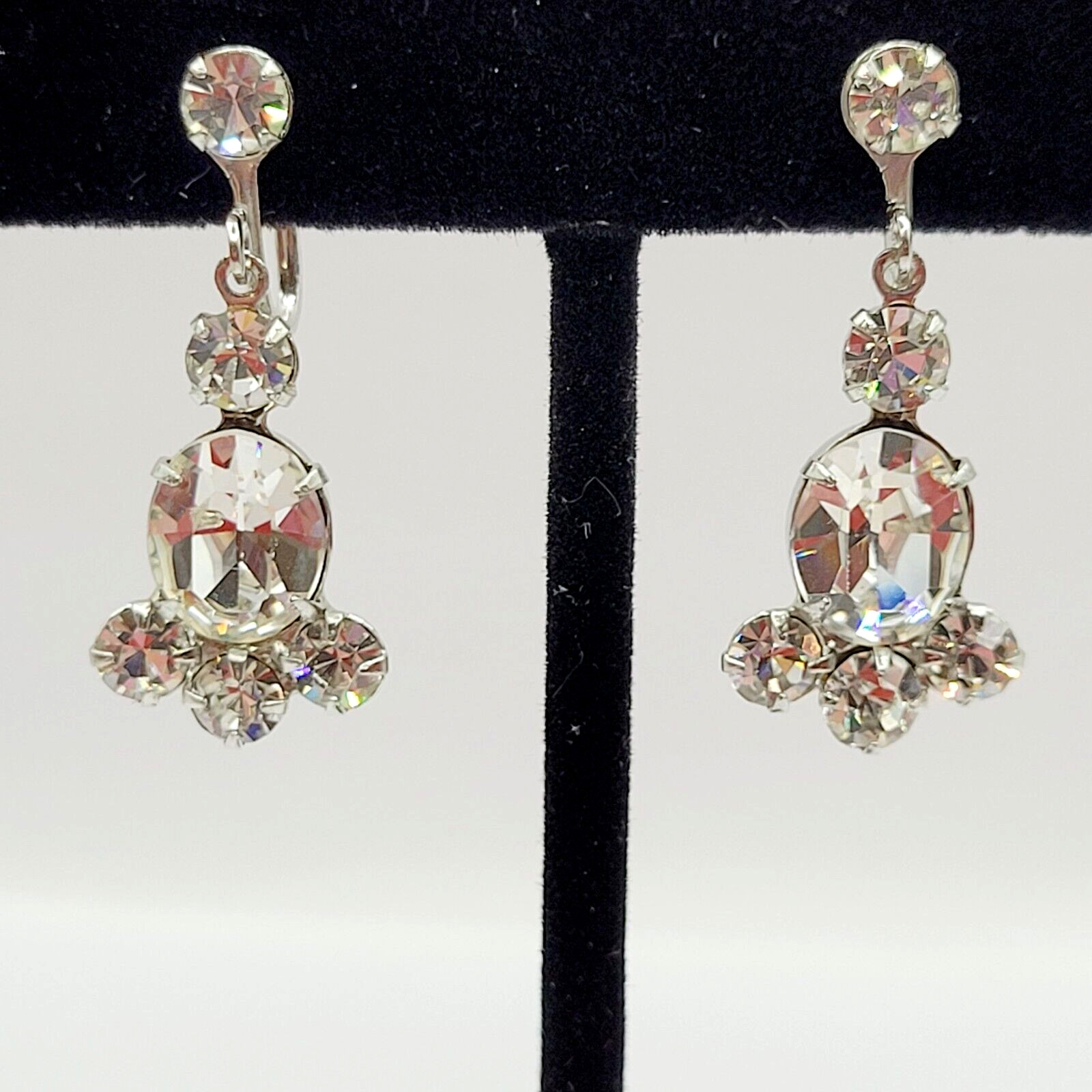 Crystal Rhinestone Cluster Silver Tone Drop Dangle Screw Back Vintage Earrings