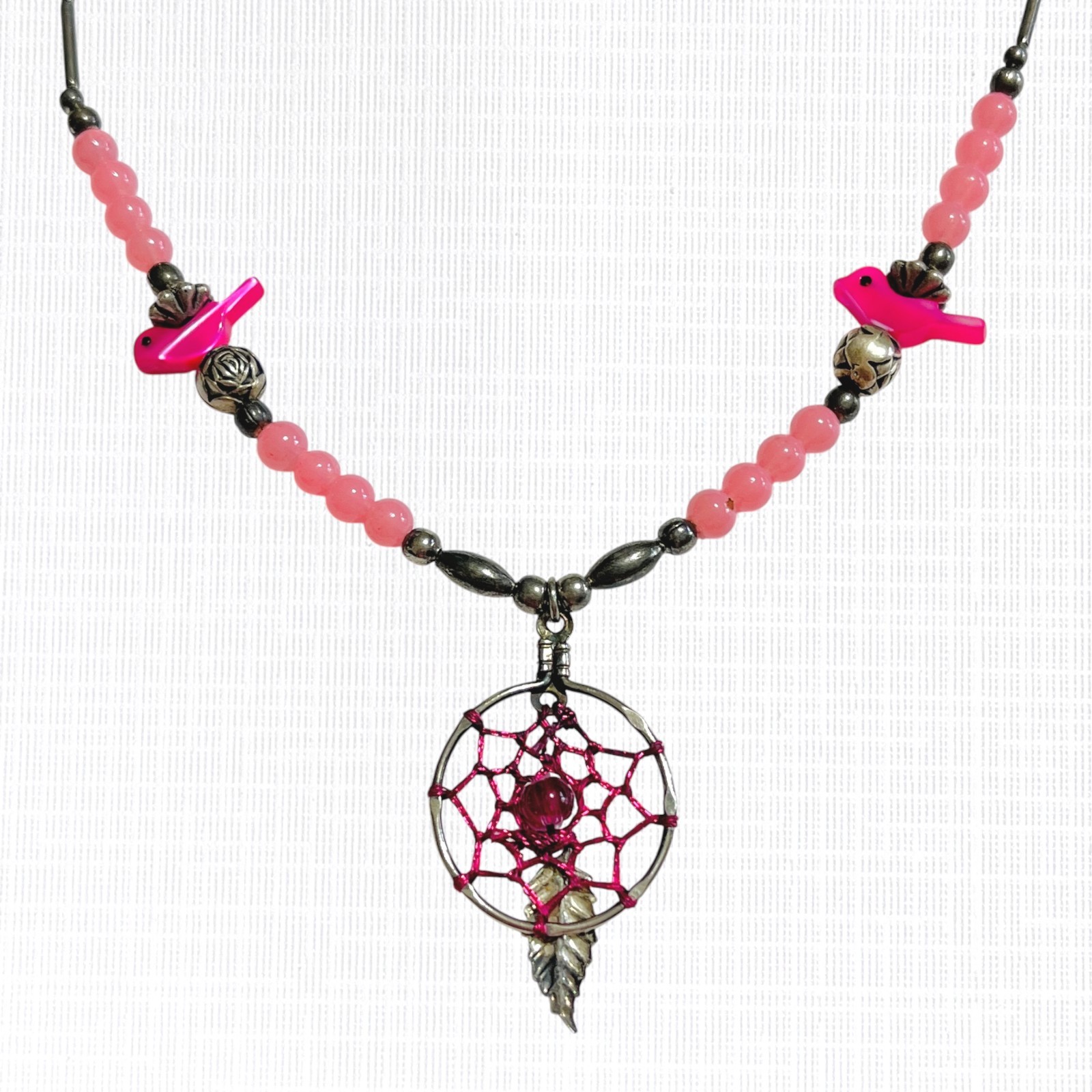 VTG Dreamcatcher Necklace Silver Tone Pink Bird Beaded Choker Southwest Handmade