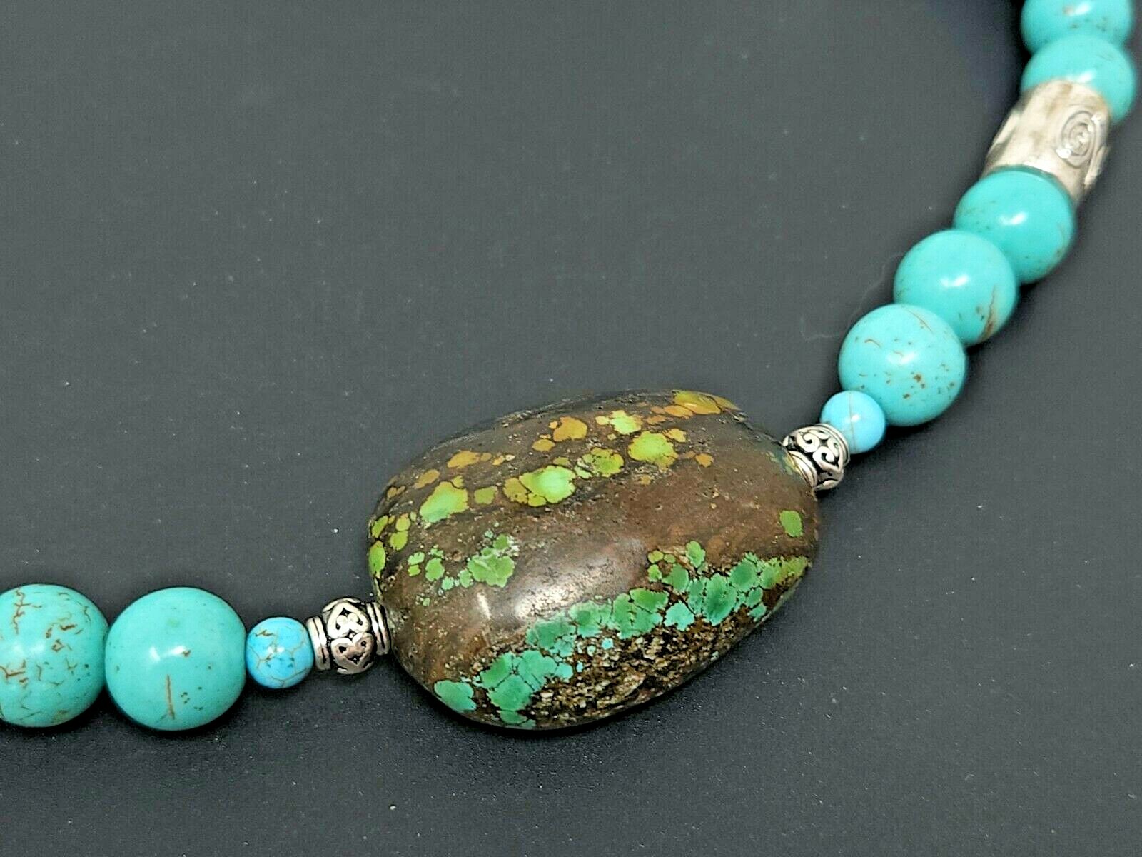 Vintage South Western Silver Turquoise Beaded Necklace 18″