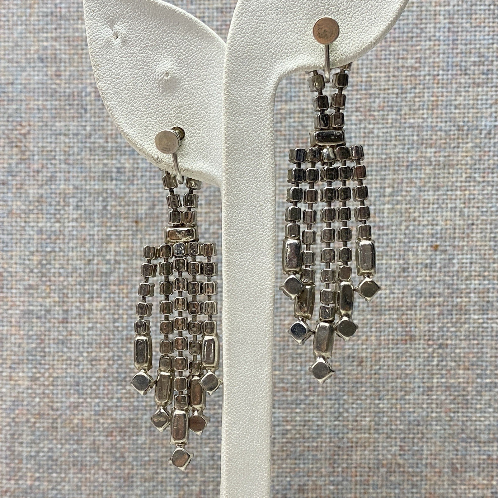 Vintage Rhinestone Clip On Earrings 3″ Drop 5 Strands Screw Back Old Money