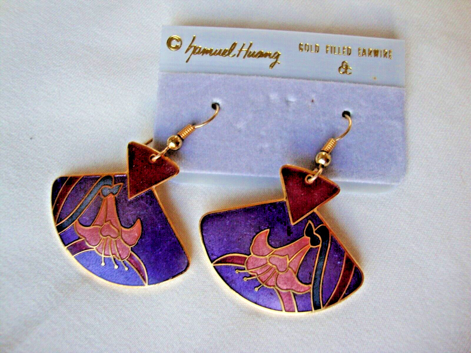 VINTAGE SAMUEL HUANG DESIGNER CLOISONNE LILLY PINK RED GREEN & PURPLE EARRINGS
