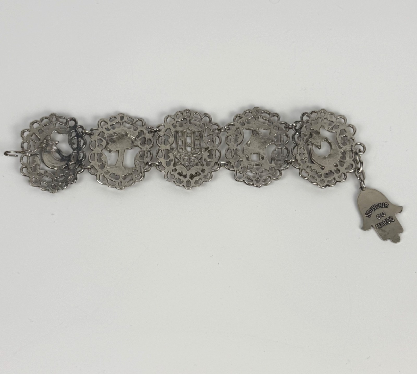 Vintage Silver-Tone Filigree Panel Bracelet De Maroc Morocco Boho Souvenir