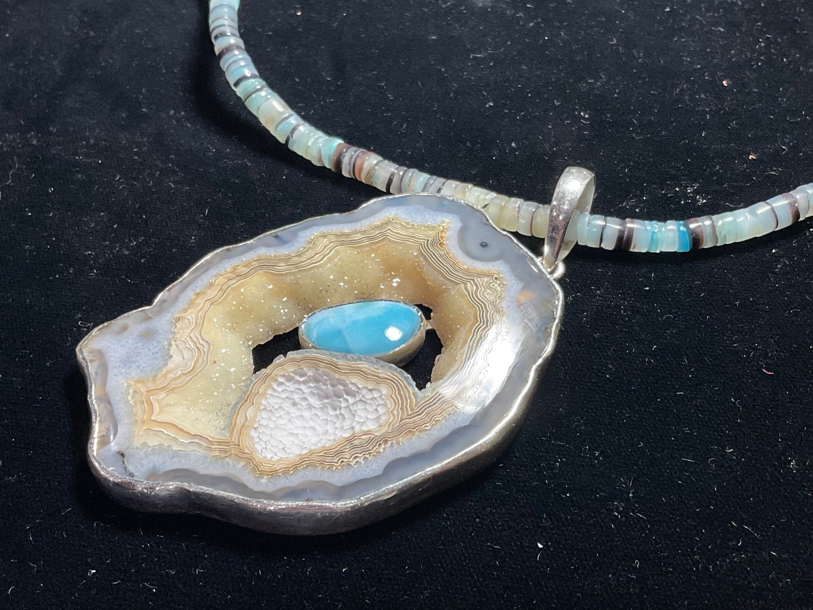 Unique Retro Large Sterling Silver Geode Slice Pendant Necklace