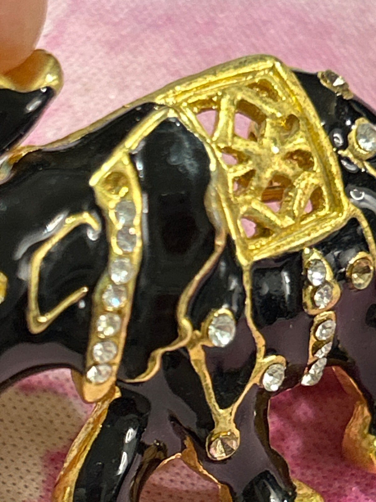 Gold & Black Enamel Elephant Brooch With Rhinestones & Safety Pin Clasp