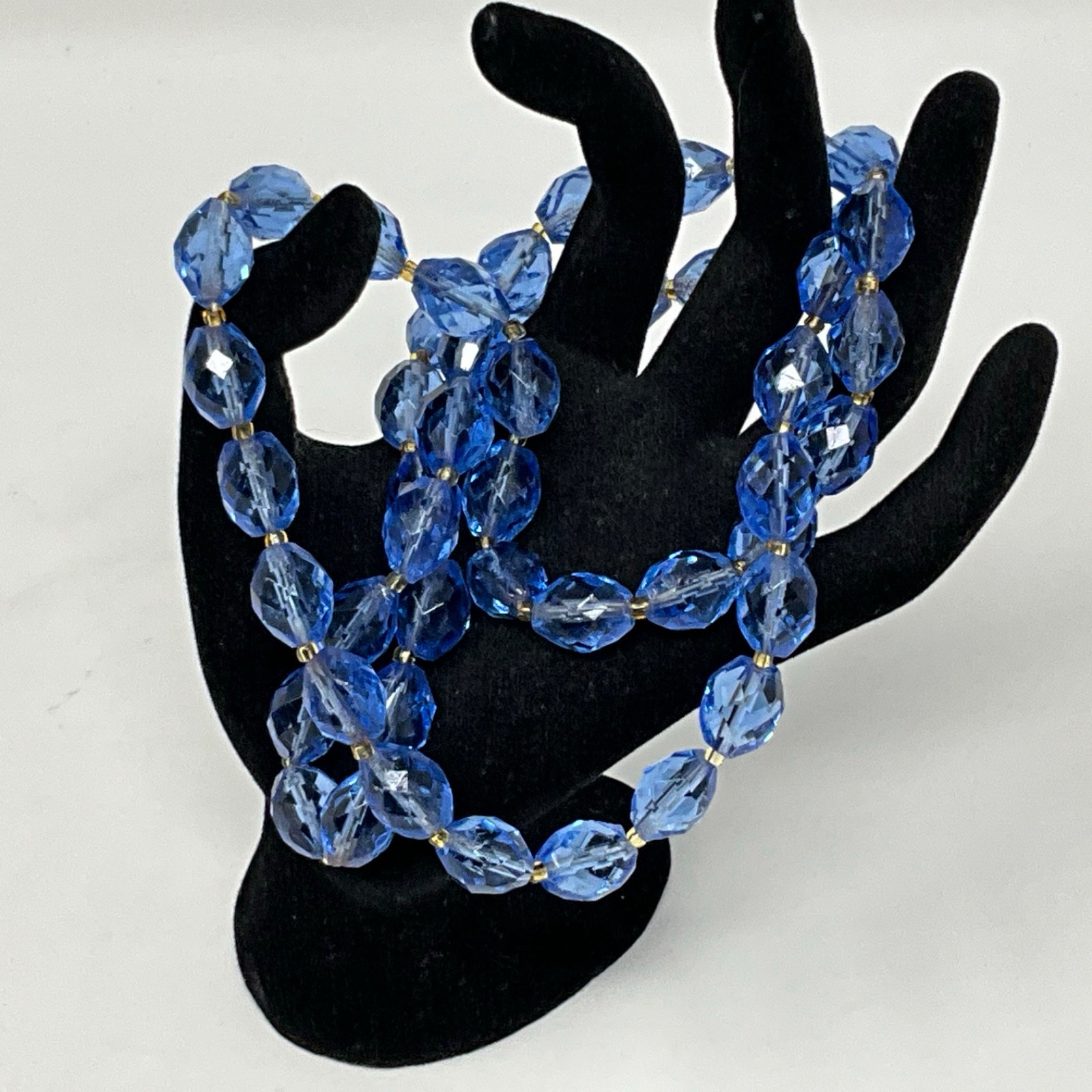 Vintage 20″ Faceted Blue Glass Bead Necklace and Dangle Clip Earrings Set