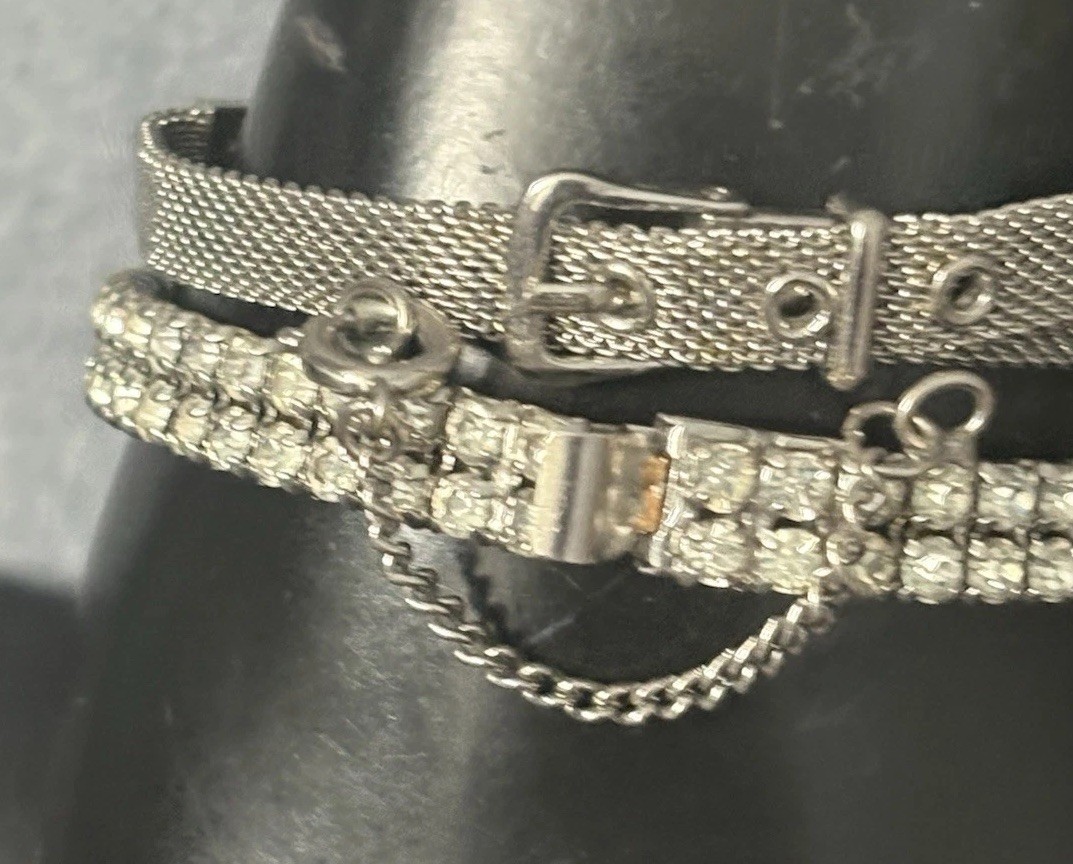 Vintage Bracelet Set Mesh ID Bucket Rhinestone Silver Tone Safety Clasp