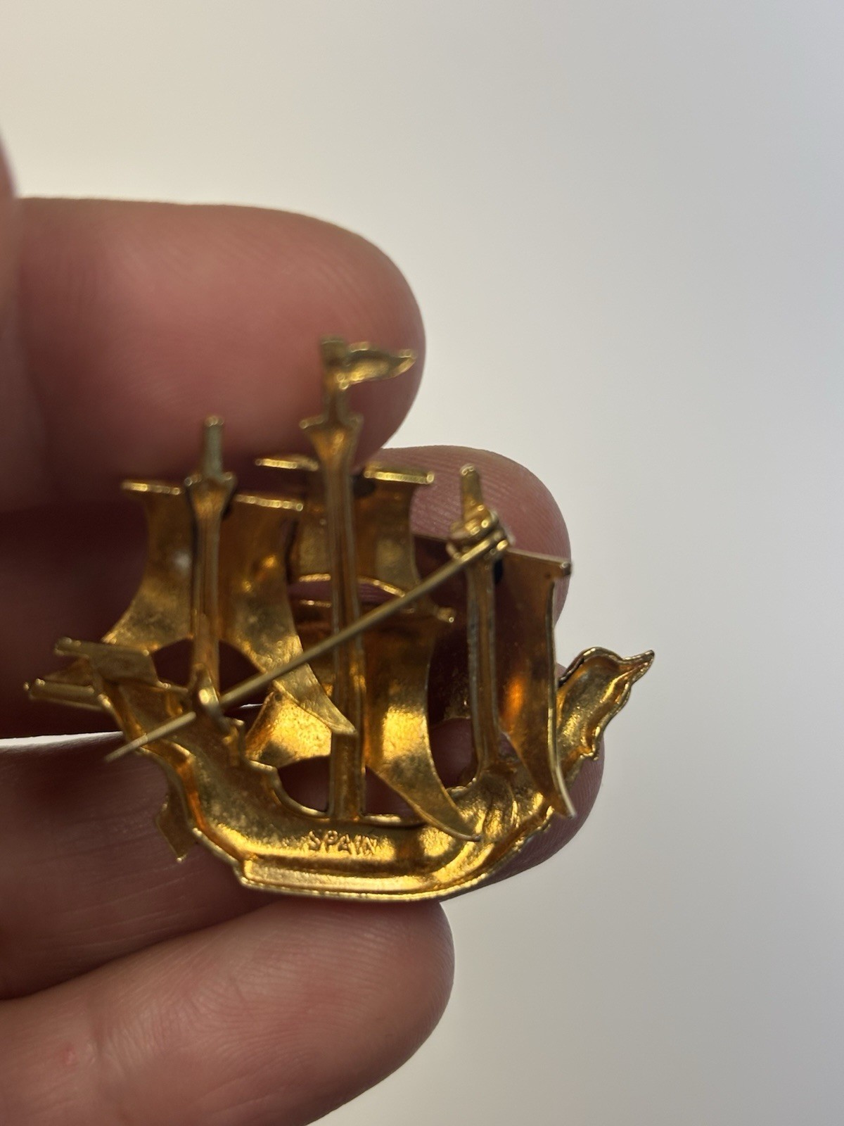 Vintage Damascene Ship Brooch Spanish Galleon Sailing Sail Boat Pin Spain