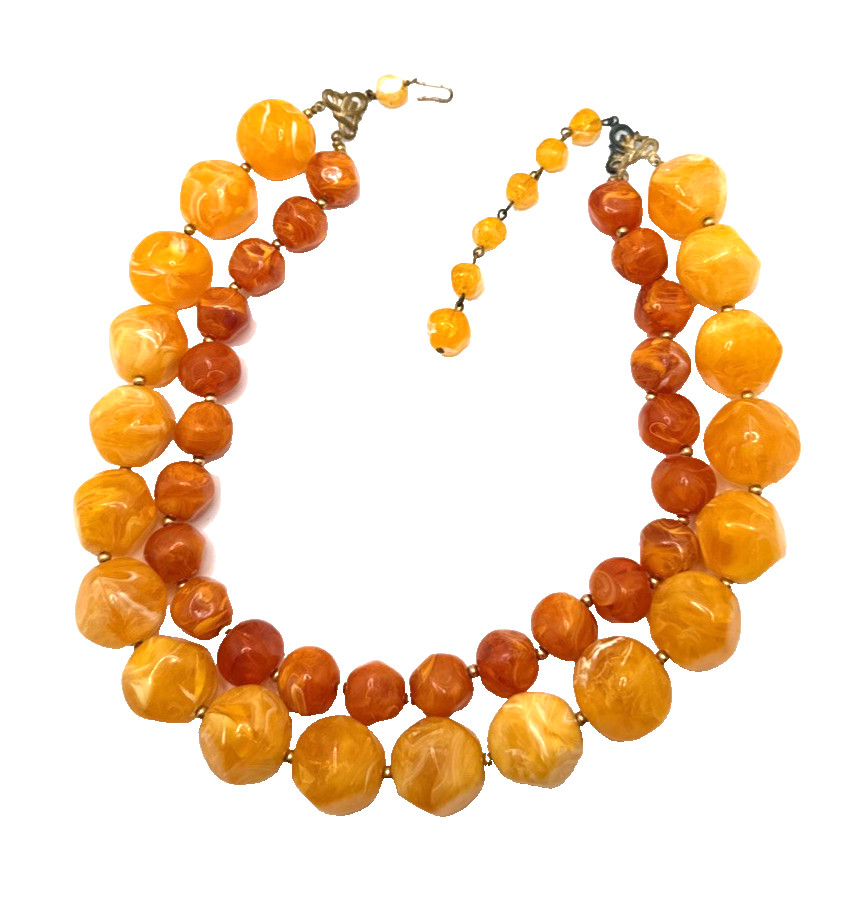 Vintage Double Strand Beaded Choker Necklace Orange Lucite Swirl Mid Century 18″