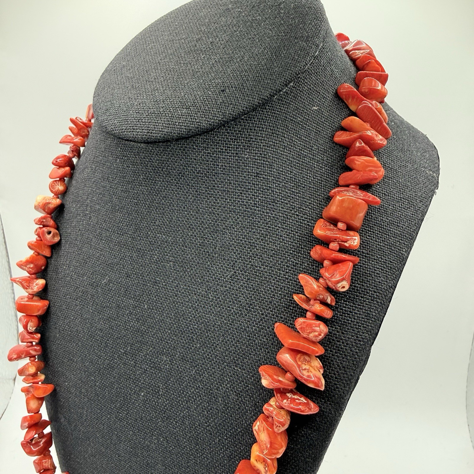 Genuine Natural Nugget Red Coral Bead necklace 22” Silver tone Clasp