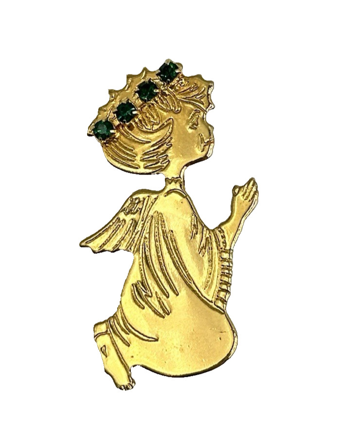 Gold Tone Praying Angel May Emerald Birthstone Rhinestone Halo Brooch Pin