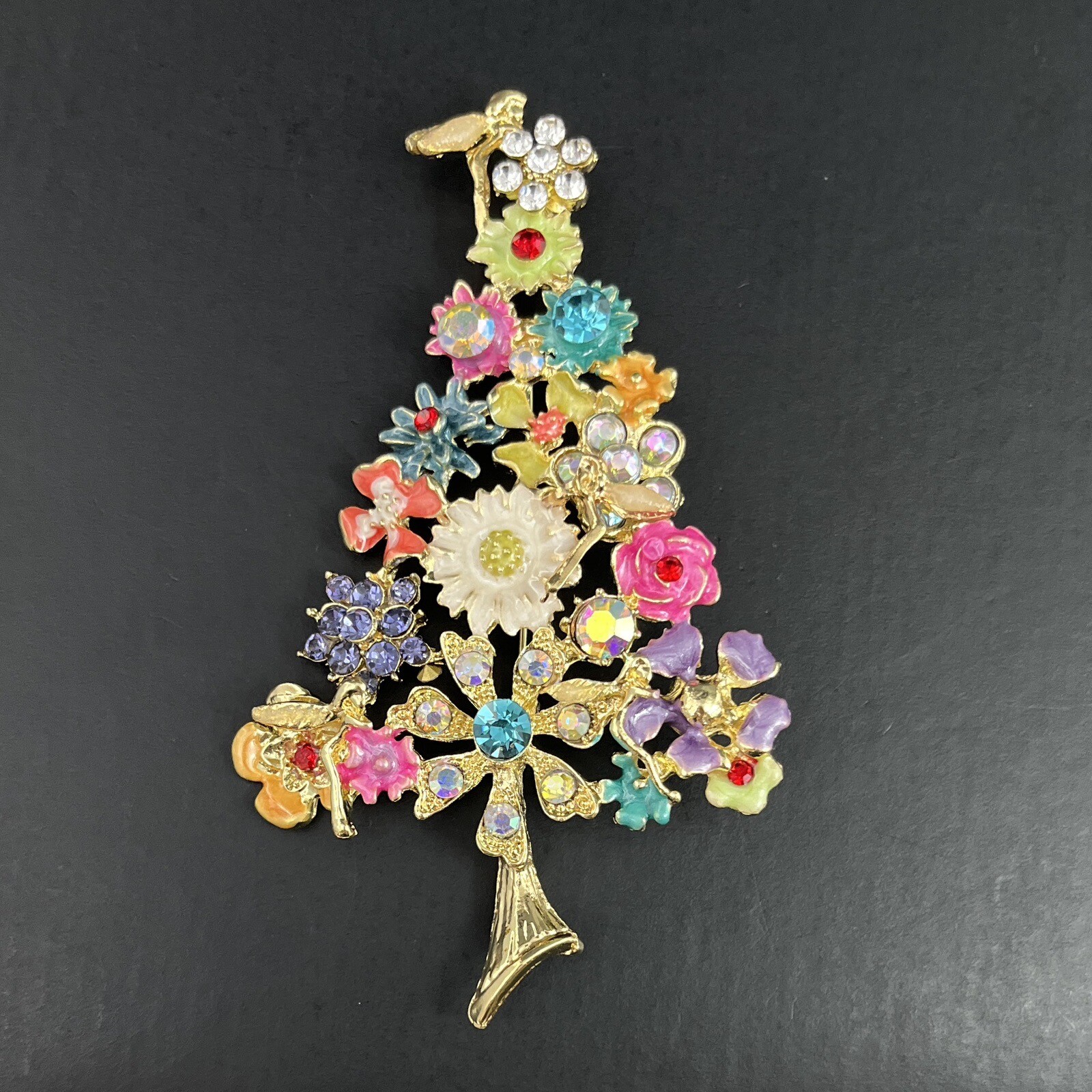 Gold Tone Christmas Tree Brooch Pin Floral Multicolor Rhinestone Pendant Large