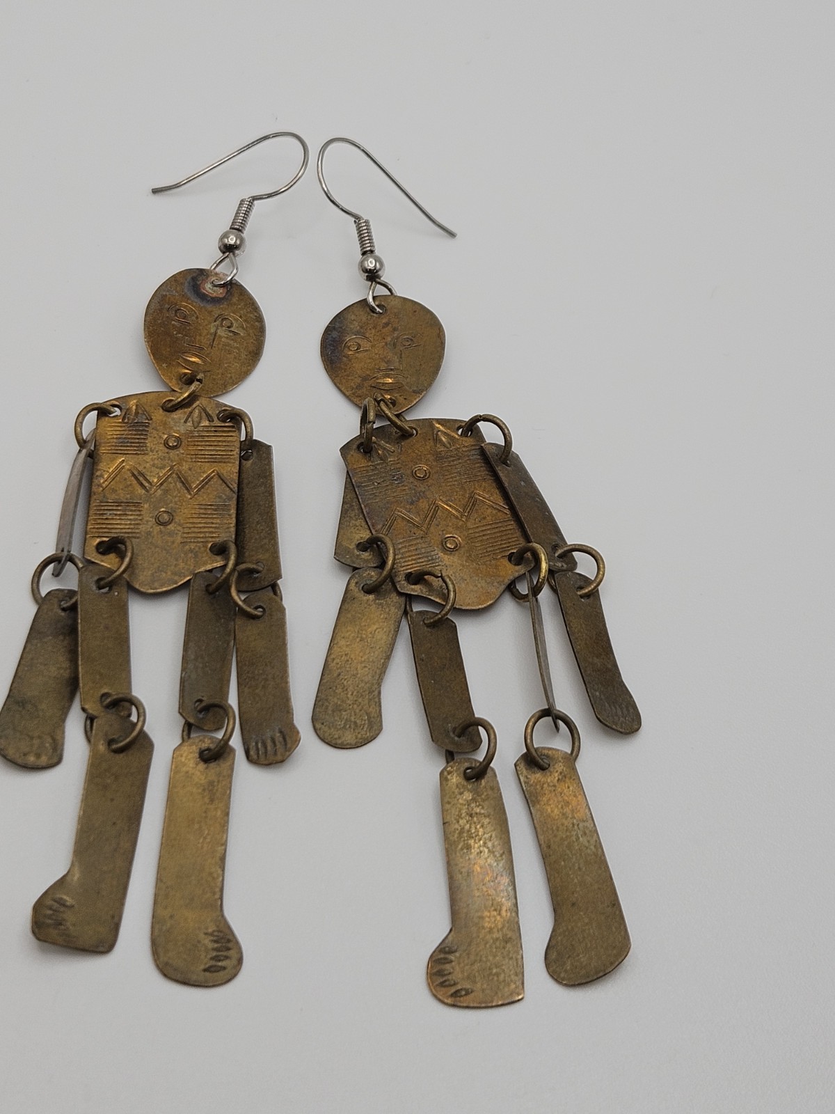 Vintage Brass Tone Articulated Man Person Dangle Earrings