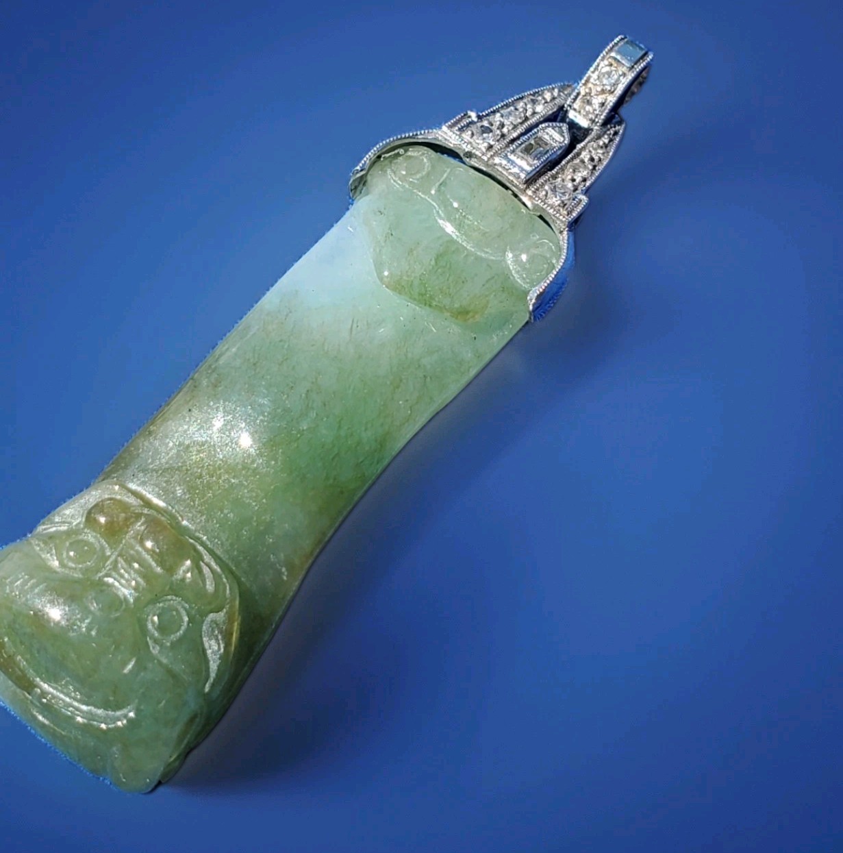ORIGINAL Antique Green JADE DIAMOND Art Deco Pendant SOLID PLATINUM Medallion