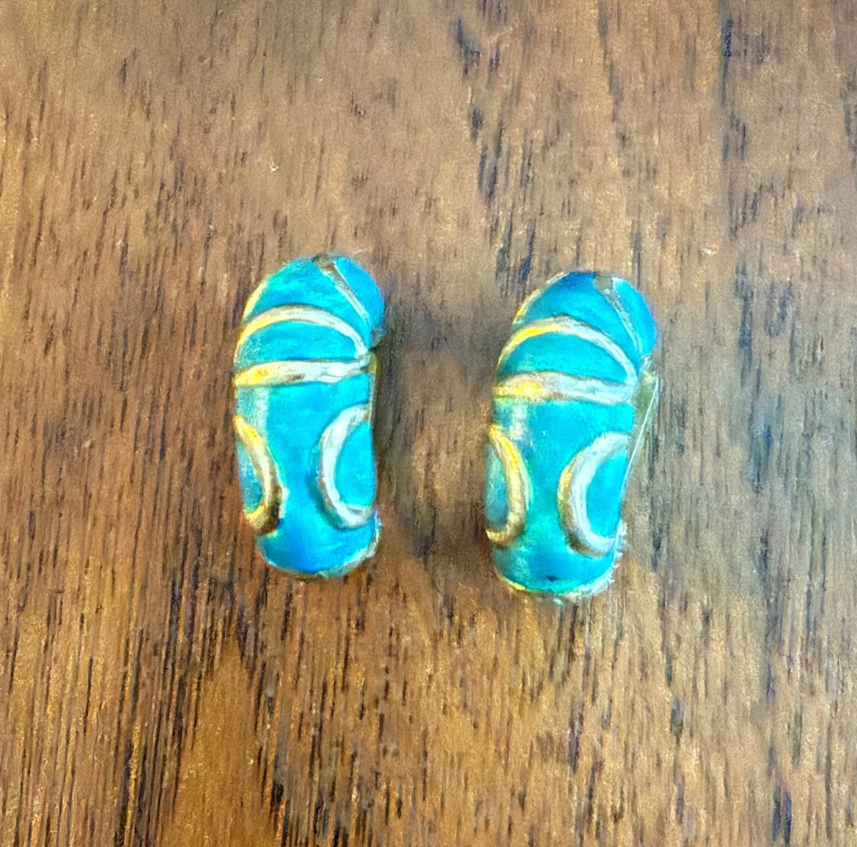 Vintage Orena Paris Teal French Enamel Clip Earrings Brass Boho Swirl 1970s