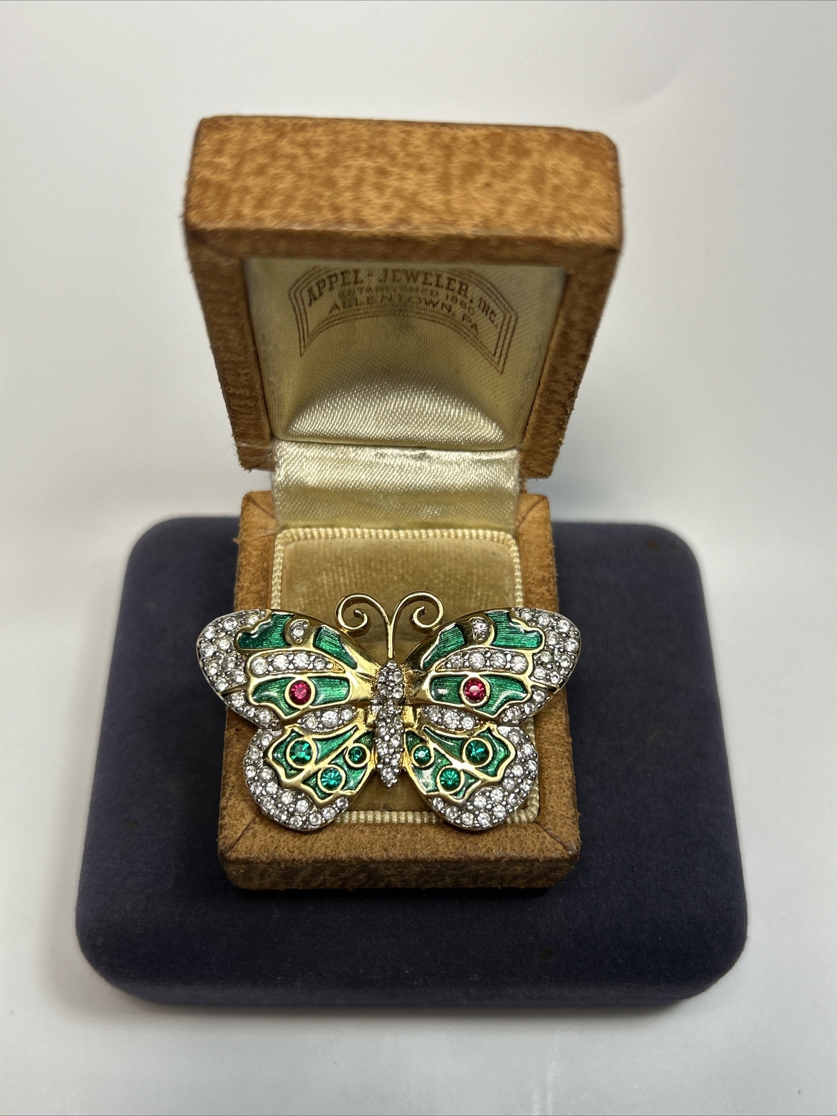Swarovski Gold Tone Green & Red Enamel Clear Rhinestone Butterfly Brooch