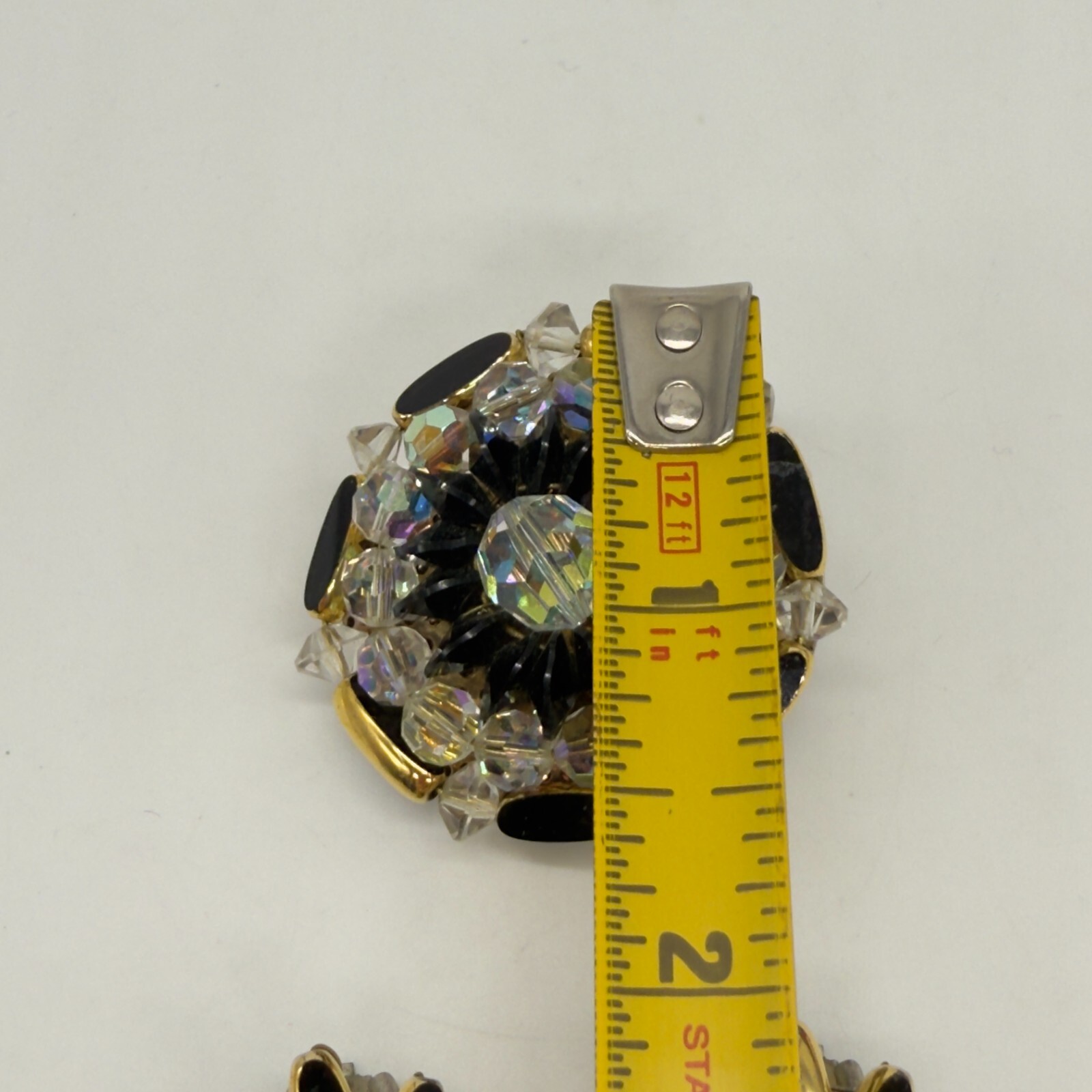 Vintage Brooch Earrings Black and AB Acrylic Beads Black Enamel