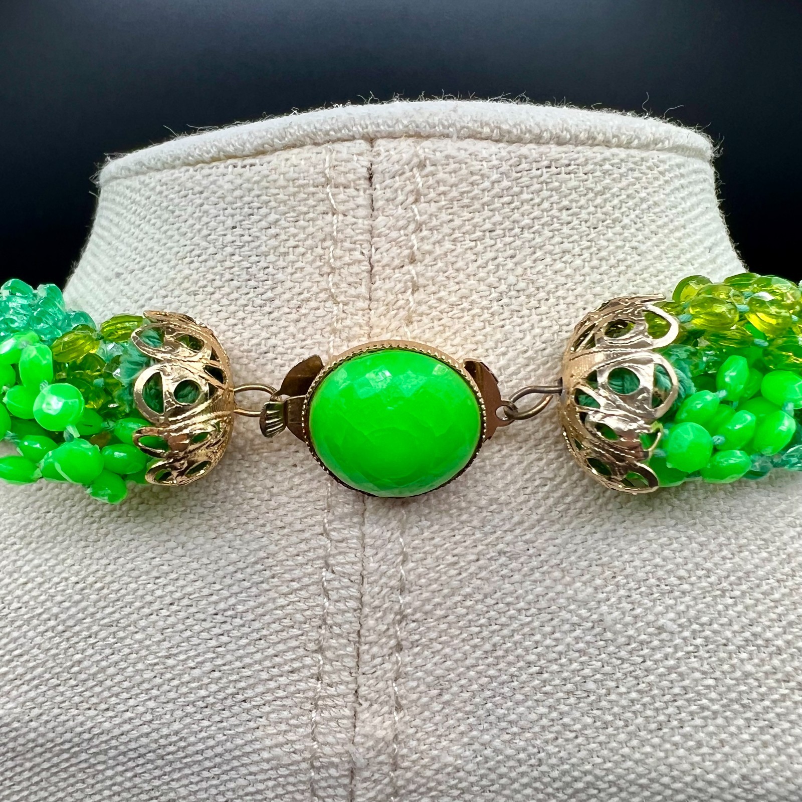 Vintage Bright Green Opera Length Necklace Torsade Twisted Beaded Statement