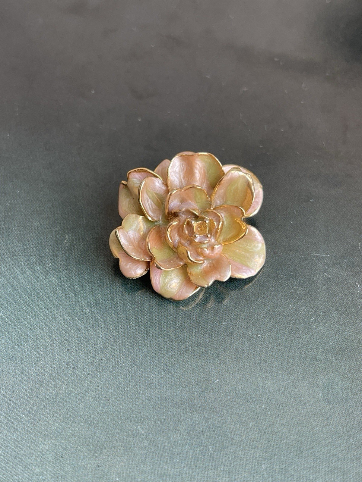 Vintage Joan Rivers Camellia Flower Brooch Enamel Gold Tone Signed